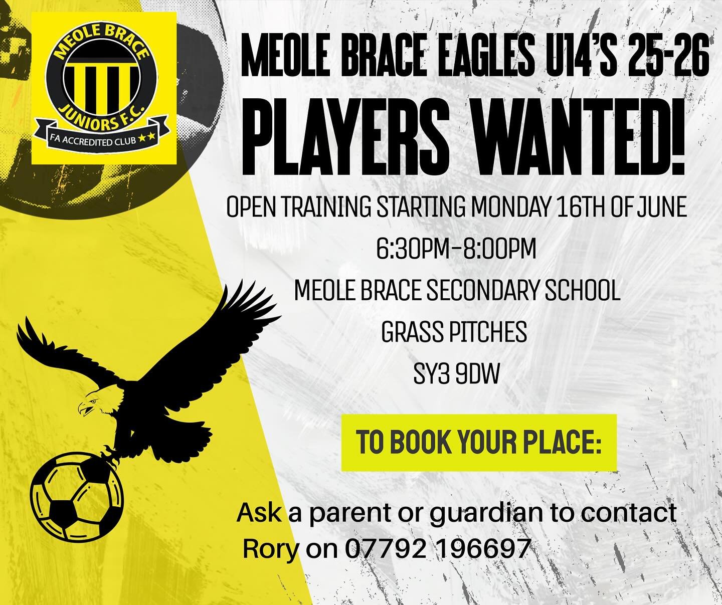 Calling current Year 8 players⚽
Our U14 Eagles are looking to add a few players to their well established team for next season.
Please see the flyer for details and contact Rory for more information 🦅