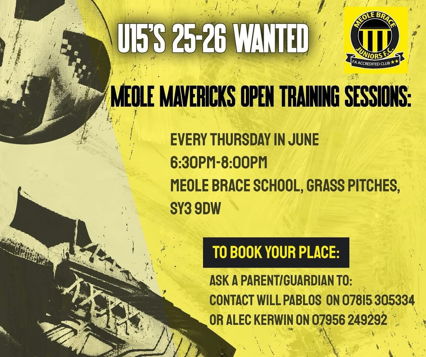 Calling current Year 9 players⚽
Our Mavericks are looking to add to their well established team for next season.
Open training sessions are being held every Thursday in June 6:30pm-8:00pm
Meole Brace Secondary School, Grass Pitches, SY3 9DW
Please