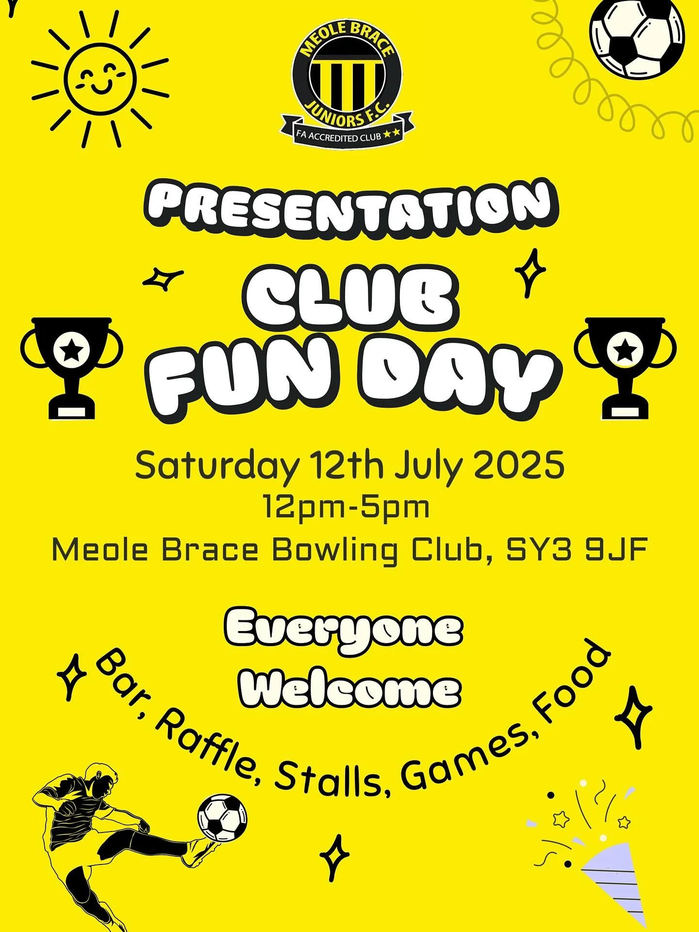 🌟 **TOMORROW!** 🌟
🎉 **Meole Brace Juniors Presentation & Fun Day** 🎉
🗓️ Saturday | 12–5pm
📍 Meole Brace Bowling Club SY3 9JF
Looks like we’re in for a BEAUTIFUL day☀️ so grab your suncream, hats and sunnies and come and join