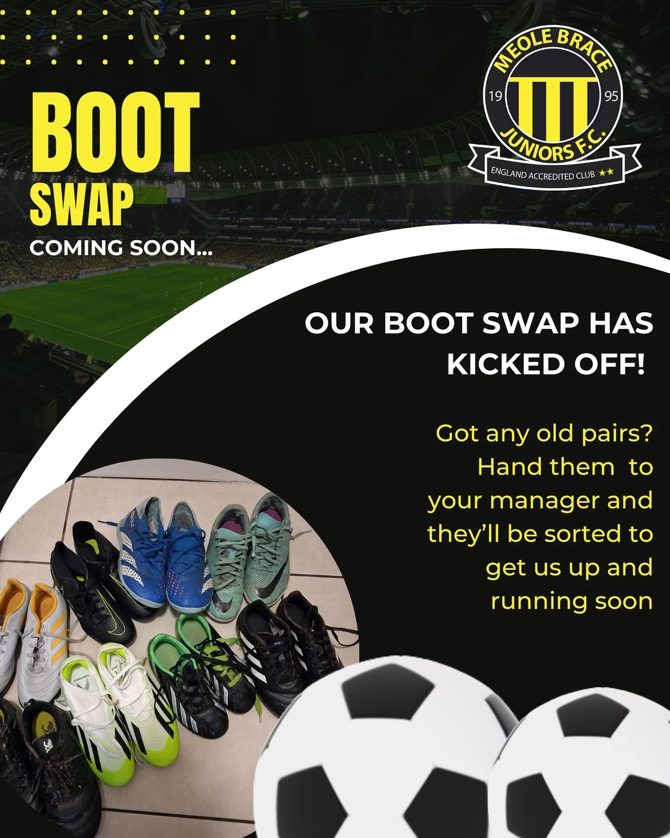 Our boot swap has kicked off! 🙌🏼
We’re still looking for support to make it a success. Do you have any old pairs of football boots you no longer need? Hand them in to your manager and they’ll be sorted to get us up and running soon.
