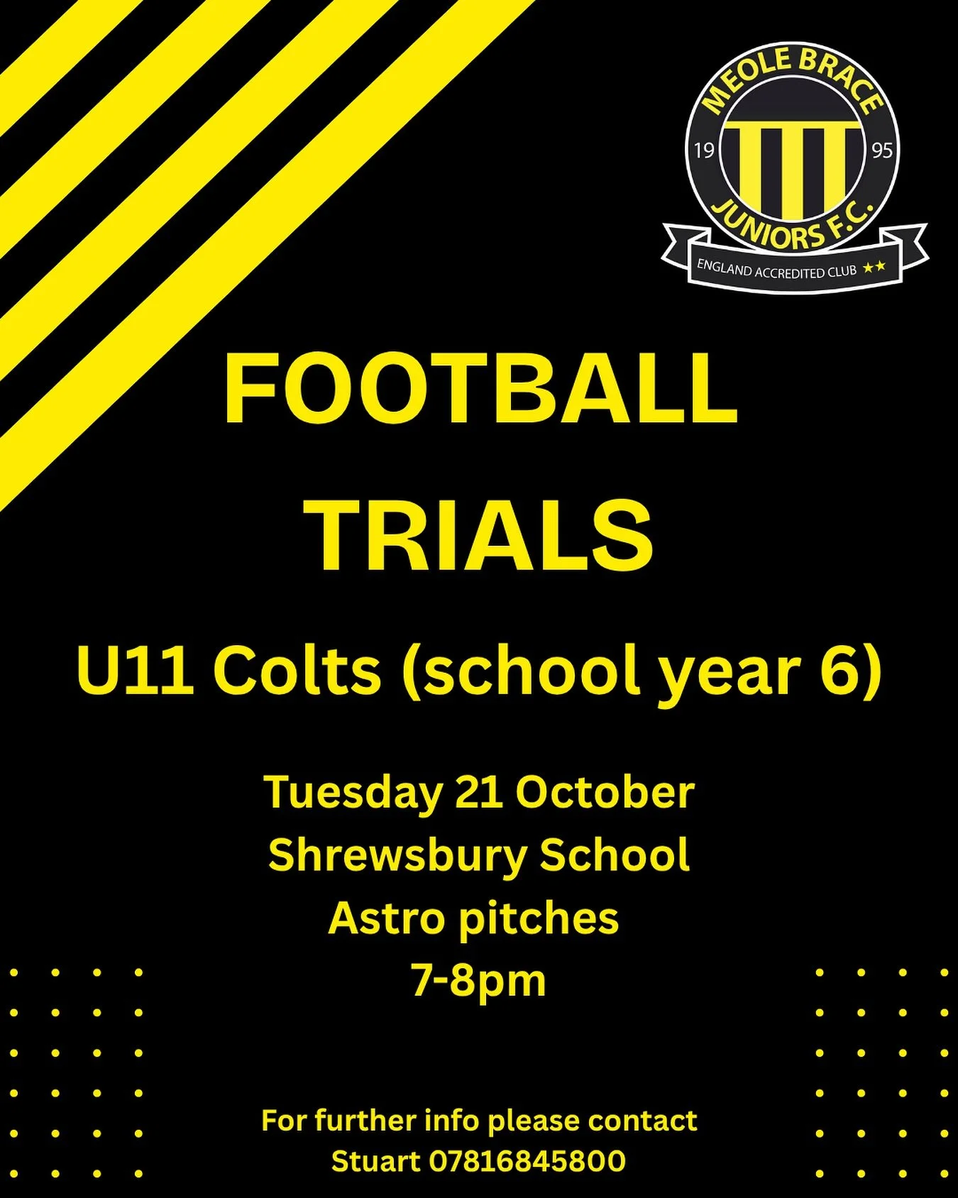 📣 Our U11 Colts (school year 6) are looking for new players! 📣
Come along to the trials next Tuesday 21 October, 7-8pm, at Shrewsbury School astro pitches.
We are a friendly, supportive and innovative club and if you are interested in getting in