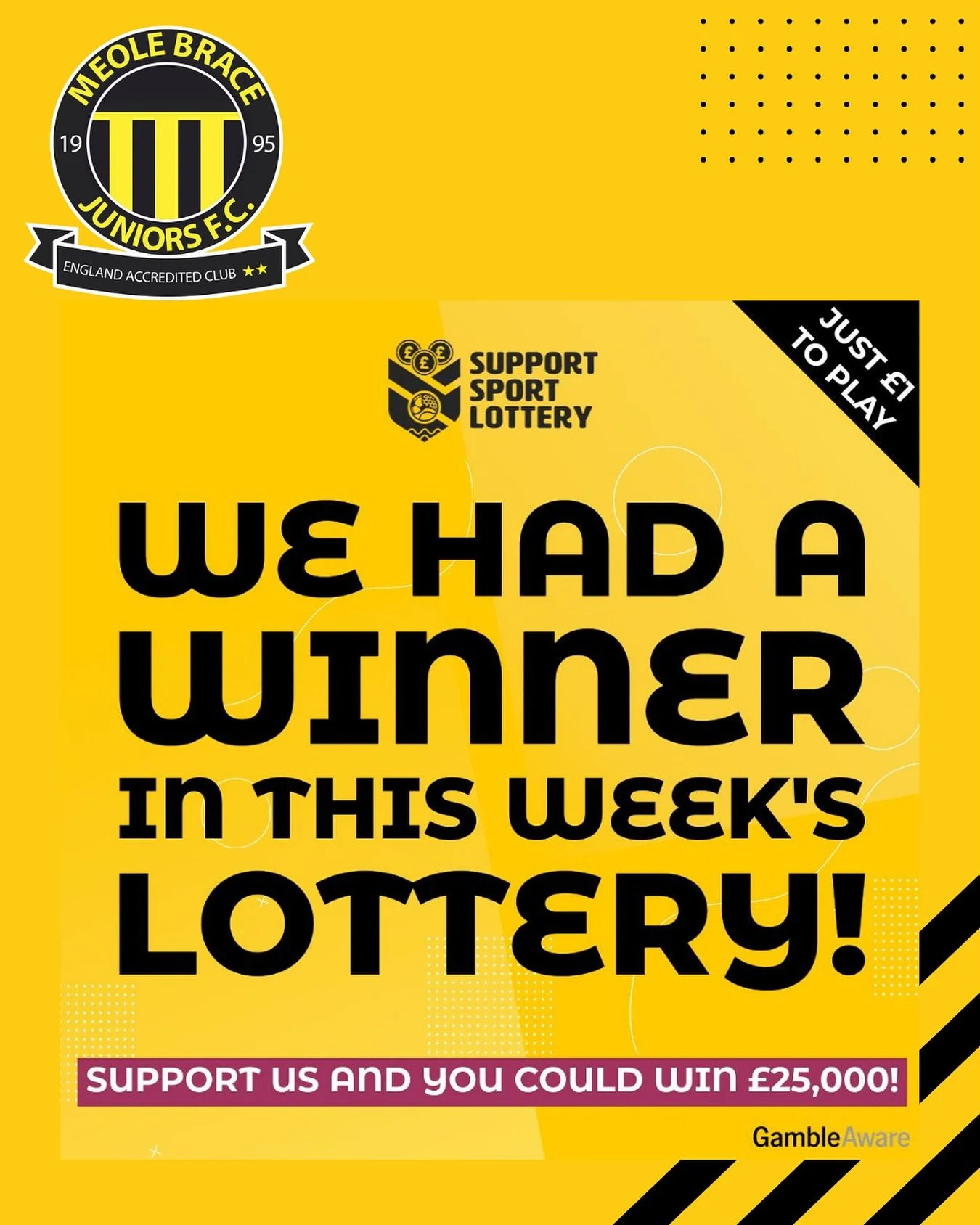 💵 We had a winner in this week&rsquo;s Support Sport Lottery! 💵 

Not only does that mean they won, but we also gained as 50p from every ticket comes straight to the club and helps to fund our match day and training facilities. 

How would you like