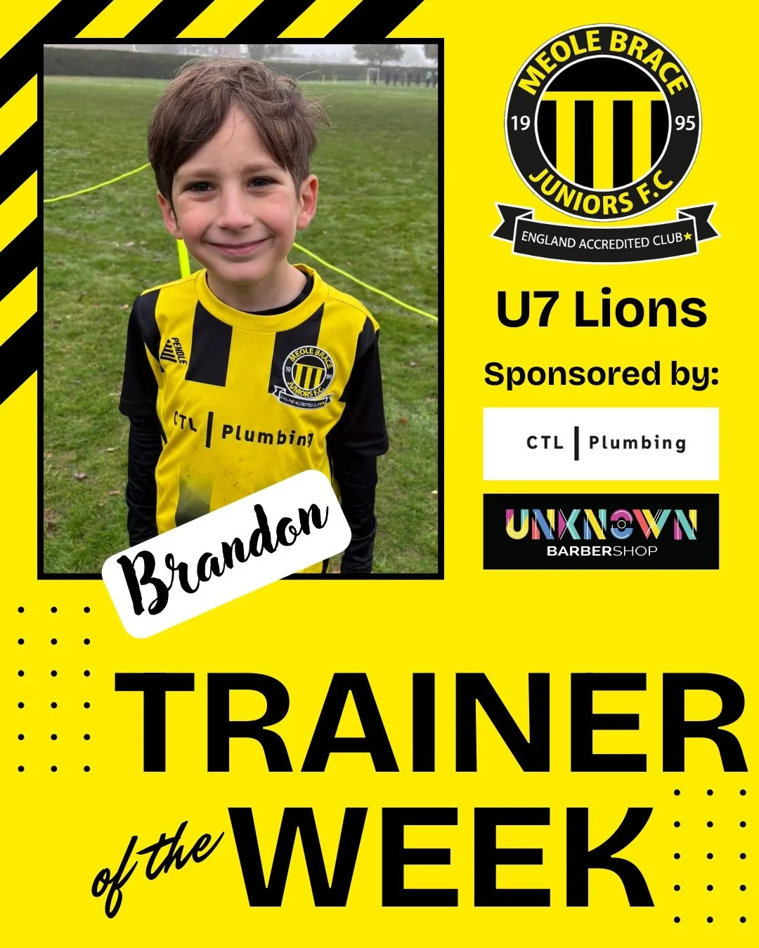 ⭐️ Trainers and Players of the Week! ⭐️ 

💫 U7 Lions sponsored by CTL Plumbing and @unknown_barbershop - Brandon 💫 

💫 U9 Colts, sponsored by @acjacksonltd - Dylan 💫

💫 U10 Hurricanes, sponsored by @continentalfp - Amir 💫

💫 U11 Raptors, spons