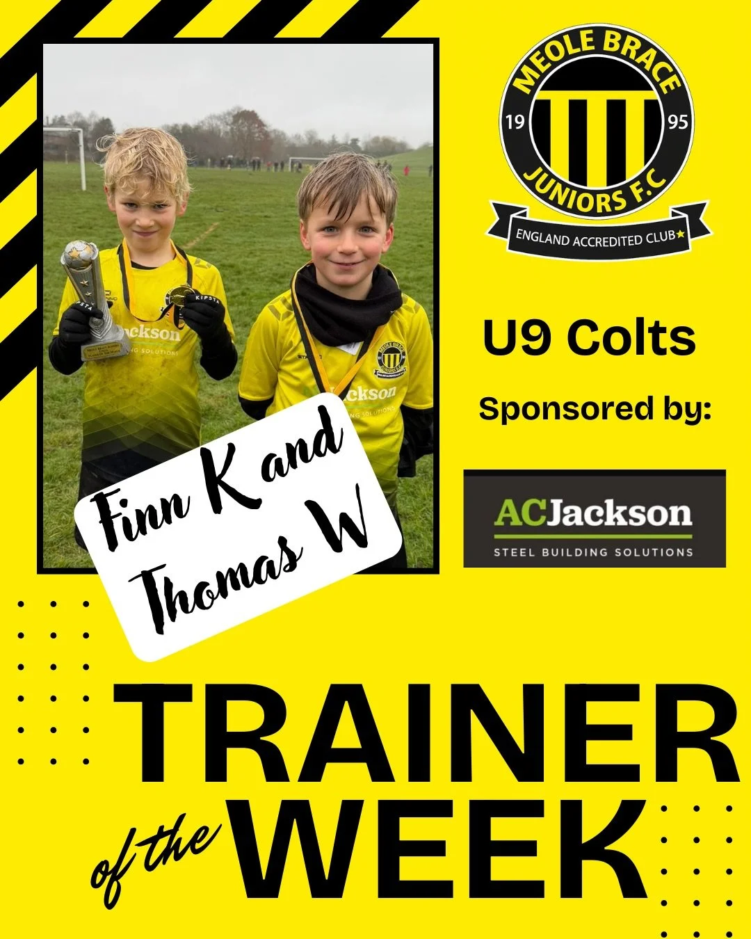 Players and trainers of the Week! ⭐️ 

⚽️ U9 Colts sponsored by @acjacksonltd - Finn K and Thomas W 

⚽️ U11 Raptors sponsored by Positive Steps Shropshire and @mkm_shrewsbury - Eli 

⚽️ U11 Wildcats sponsored by @octopusenergy and JD Services - Mari
