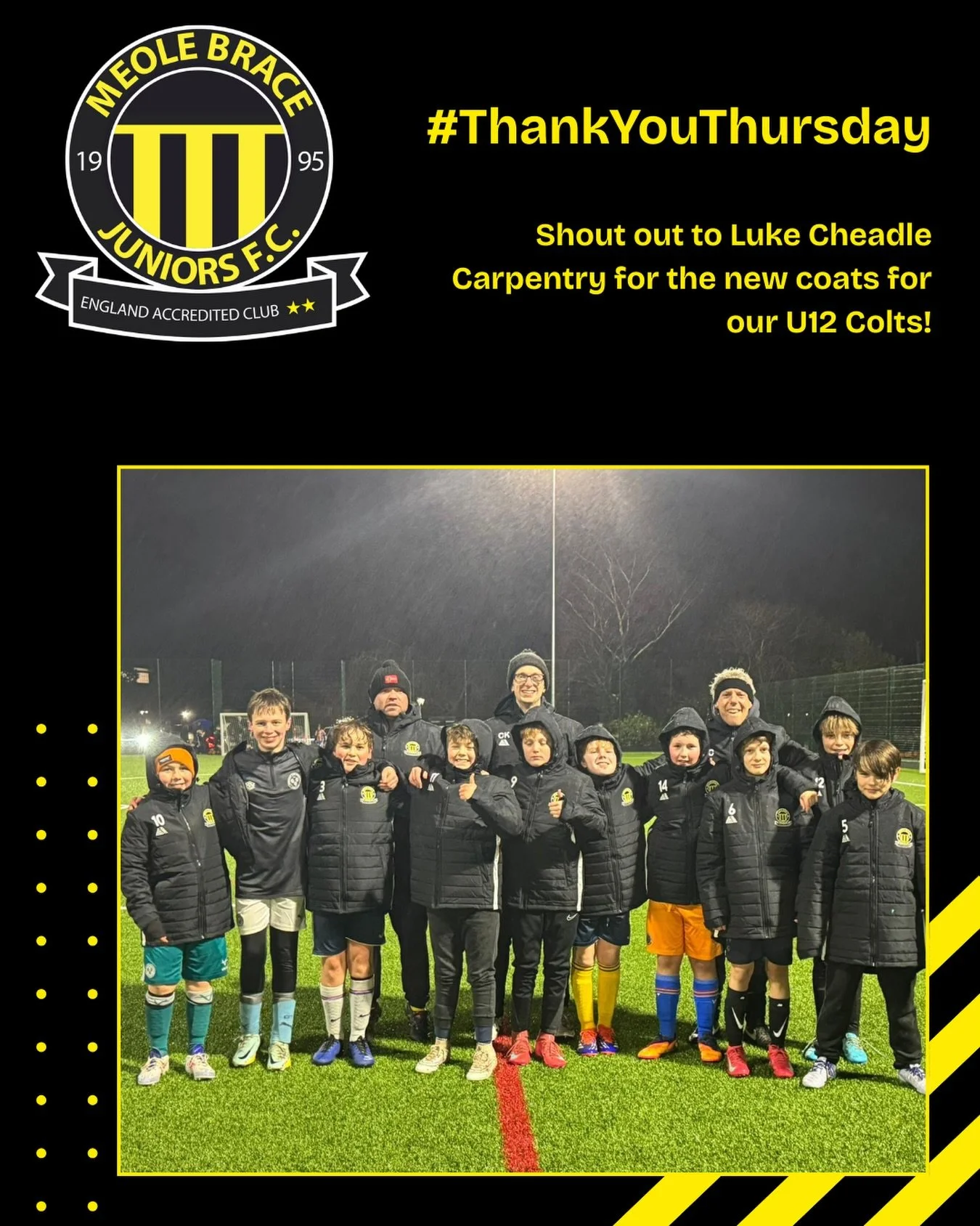 A huge thank you to Luke Cheadle Carpentry for their incredible support of our Meole Brace Juniors U12 Colts 🙌💙

Thanks to their generous sponsorship, the team are now kitted out with brand‑new coats &mdash; perfect for keeping the lads warm on mat