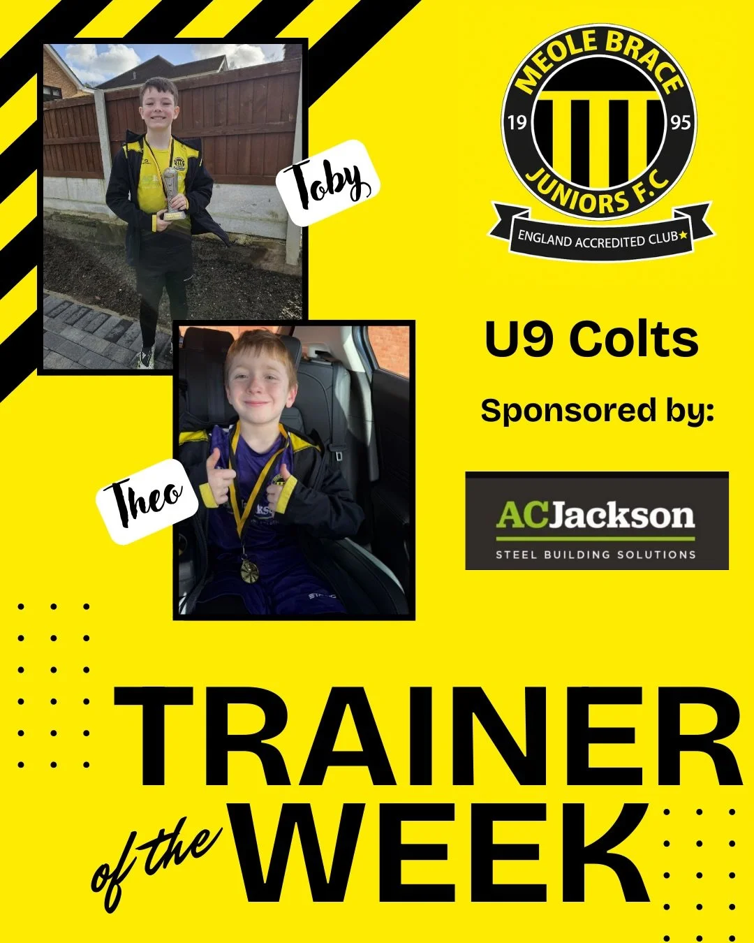 ⭐️ Players and trainers of the Week! ⭐️ 

⚽️ U9 Colts sponsored by @acjacksonltd - Toby and Theo 

⚽️ U11 Wildcats sponsored by @octopusenergy and JD Services - Lily and Ella 

⚽️ U11 Raptors sponsored by Positive Steps Shropshire and @mkm_shrewsbury