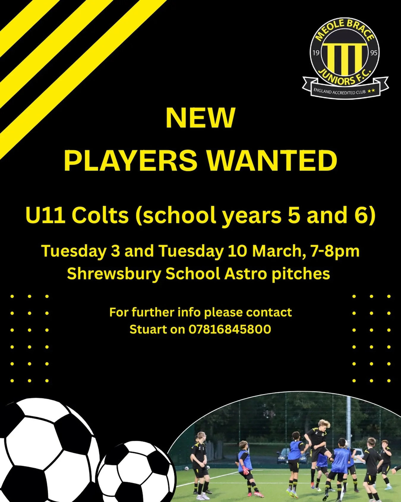 📣 Our U11 Colts (school years 5 and 6) are looking for new players! 📣

Come along to the trials next Tuesday 21 October, 7-8pm, at Shrewsbury School astro pitches. 

We are a friendly, supportive and innovative club and if you are interested in get