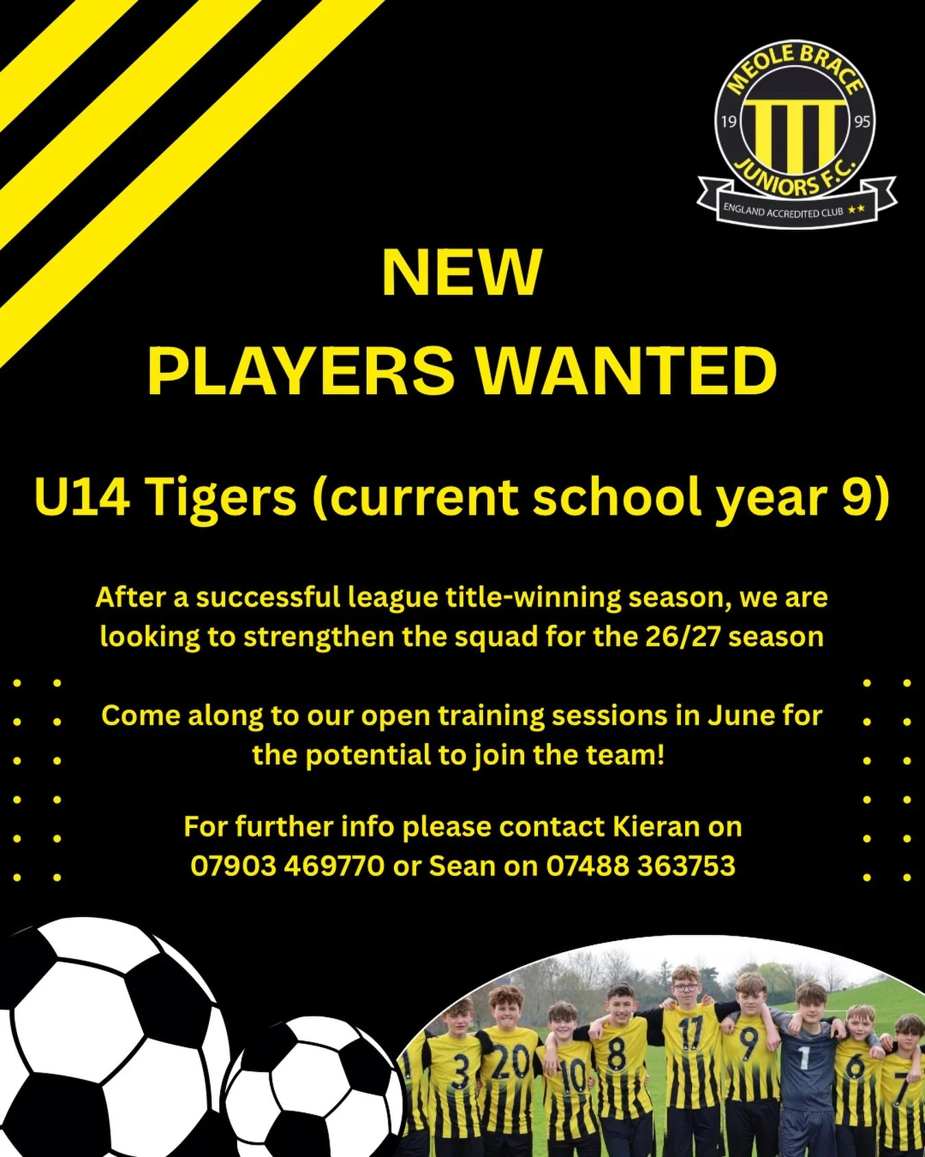 🚨 New Players Wanted! 🚨

After an incredible league‑winning season, our U14 Tigers (current Year 9) are ready to grow the squad for the 26/27 season.

⚽ Open training sessions this June
Think you&rsquo;ve got what it takes? Come along and show us y