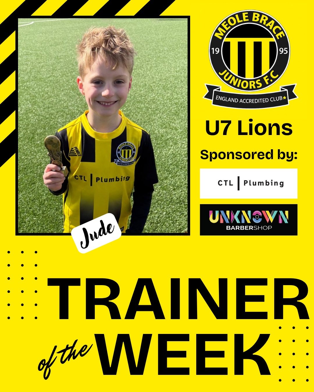 ⭐️ Players and trainers of the Week! ⭐️ 

⚽️ U7 Lions sponsored by CTL Plumbing and Unknown Barbershop - Jude 

⚽️ U9 Colts sponsored by @acjacksonltd - Finley 

⚽️ U10 Hurricanes, sponsored by Continental Fireplaces - Jacob 

⚽️ U11 Raptors sponsore