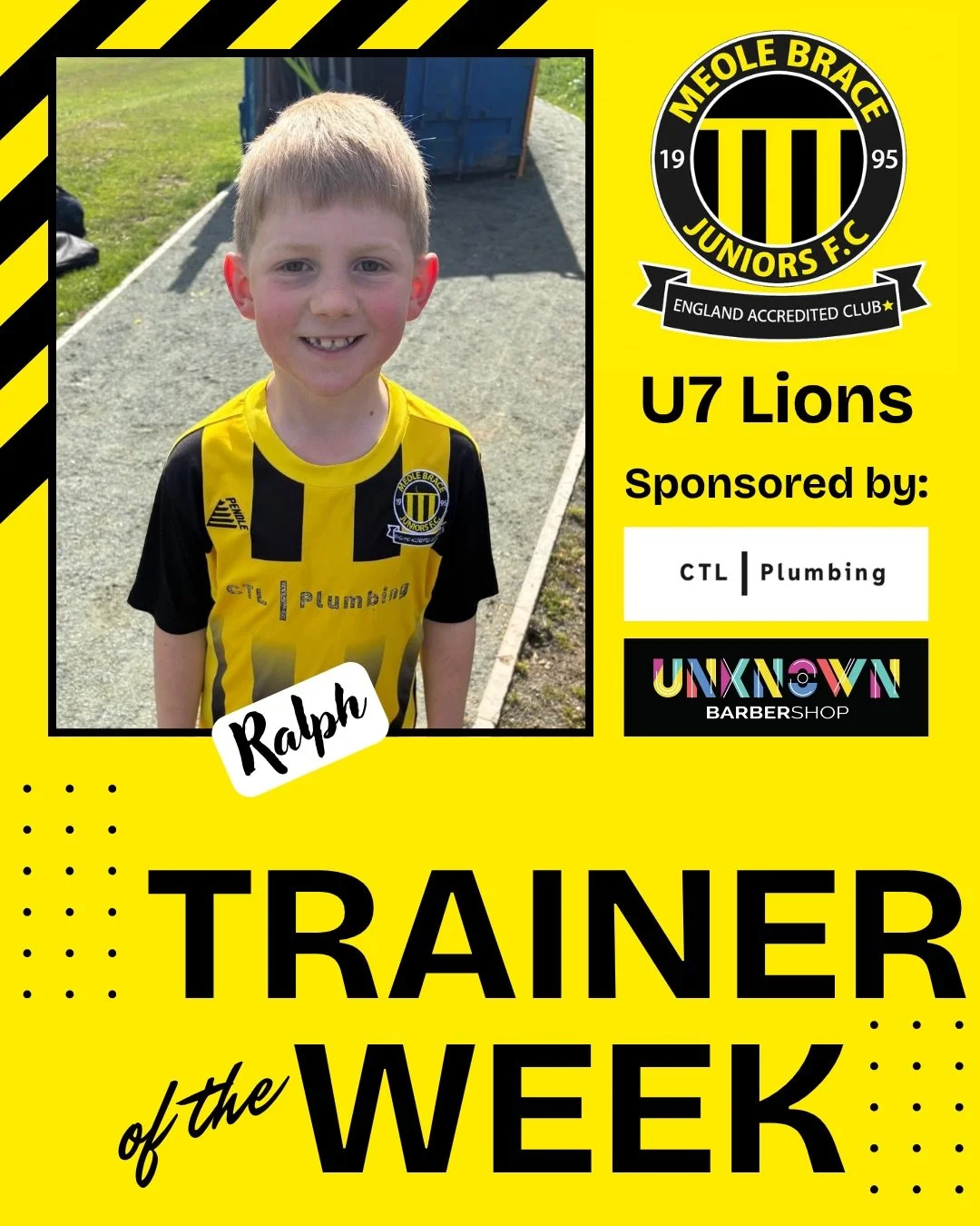 ⭐️ Players and trainers of the Week! ⭐️ 

⚽️ U7 Lions sponsored by CTL Plumbing and @unknown_barbershop - Ralph 

⚽️ U9 Colts sponsored by @acjacksonltd - Theo and Thomas 

⚽️ U10 Hurricanes, sponsored by @continentalfp - Albi

⚽️ U11 Raptors sponsor