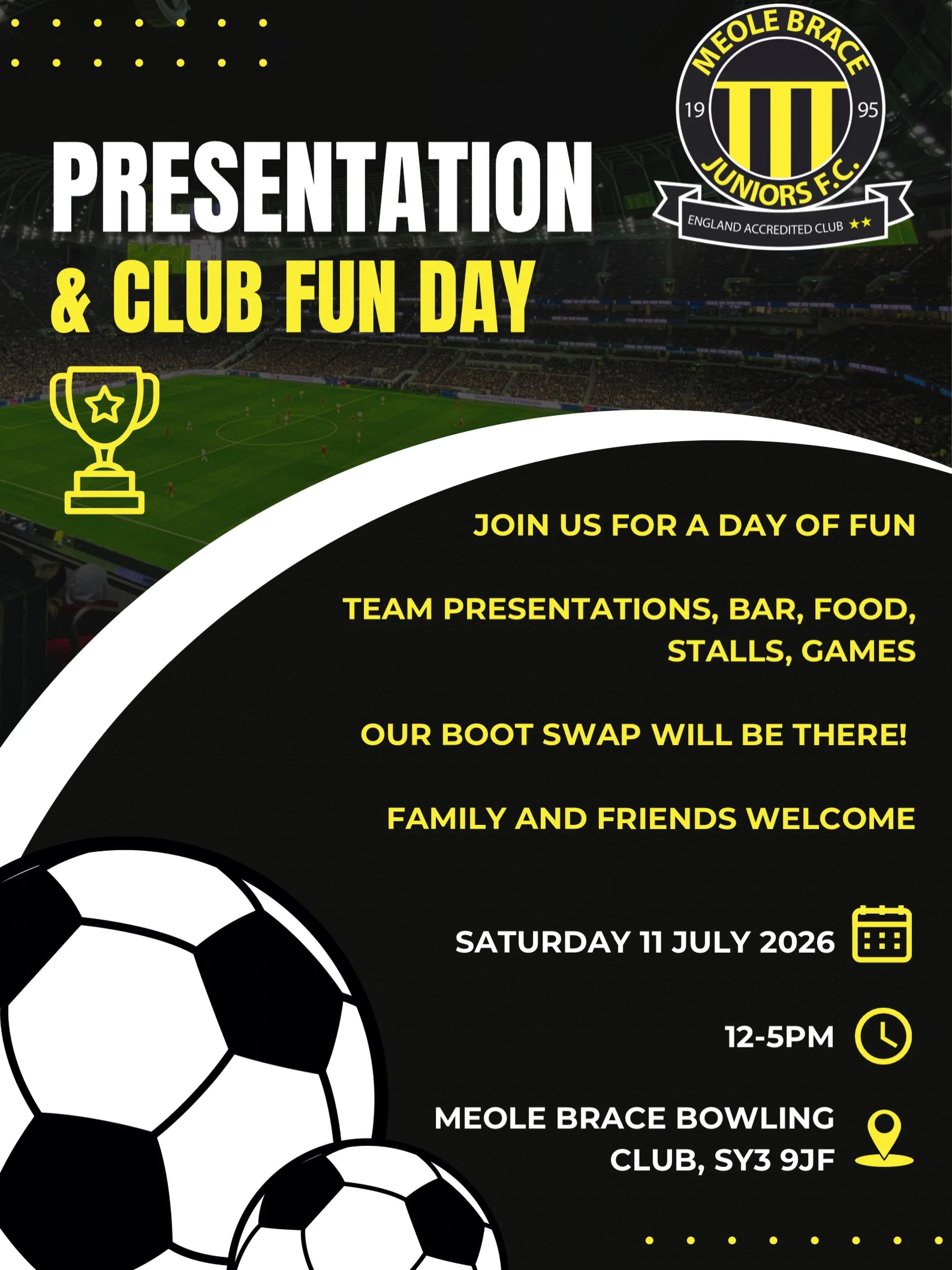 Just a reminder about our Annual Presentation &amp; Club Fun Day! 

🎉 SAVE THE DATE, MEOLE BRACE FAMILY! 🎉

📅 Saturday 11 July
⏰ 12&ndash;5pm
📍 Meole Brace Bowling Club

A brilliant afternoon awaits with:
⚽ Team presentations
🍔 Delicious food
🍻