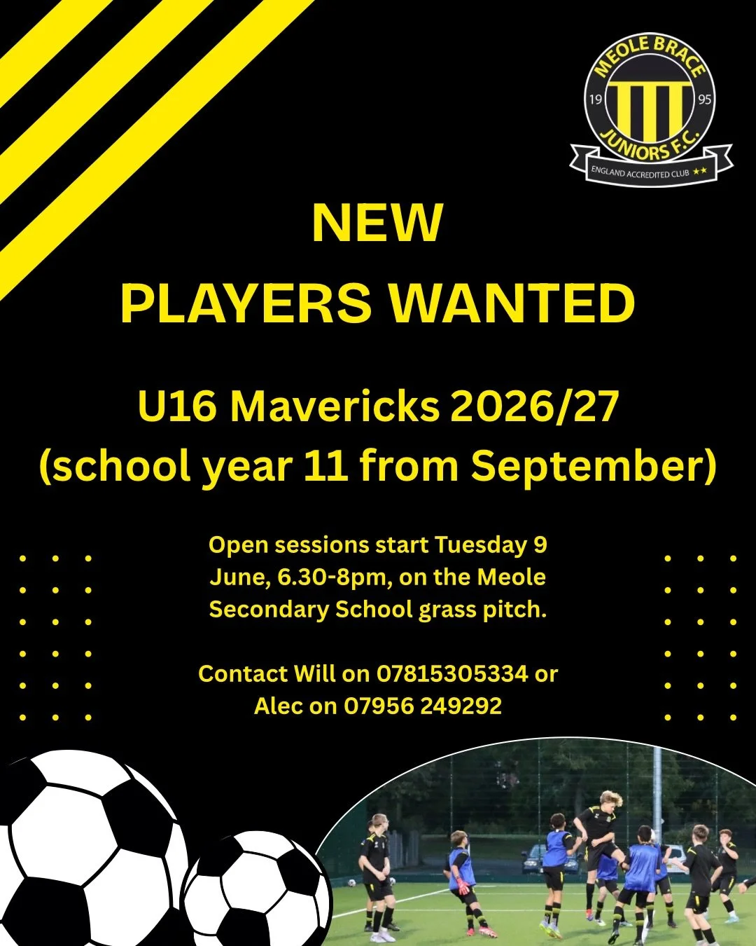 ⚽️ We&rsquo;re looking for new players for next season! ⚽️

Our U16 Mavericks (school year 11) and our U12 Raptors (school year 7).

Open training sessions are taking place - see the graphics for further details! 

We are a friendly, supportive and i