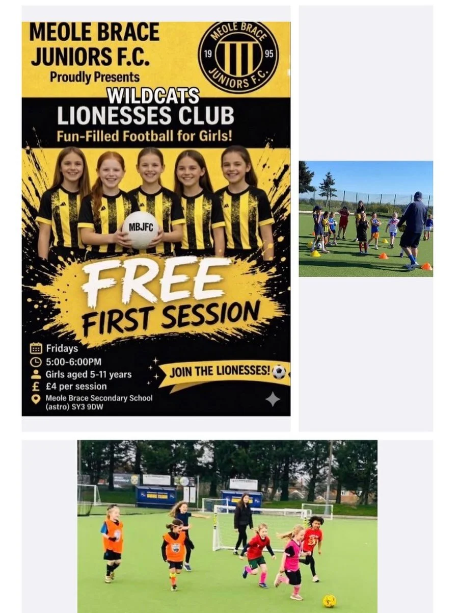 ⚽Friday Girls Football Club ⚽

Join our for our weekly Meole Brace Juniors Football Club Lionesses Football Club girls-only session. It&rsquo;s all about fun, fitness, and football.

@totalfootball_coaching_shrews 
Sign up below:

🔗 https://forms.gl