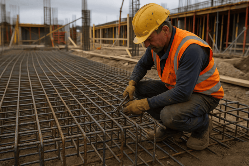 steel fixer installing rebar on London construction project