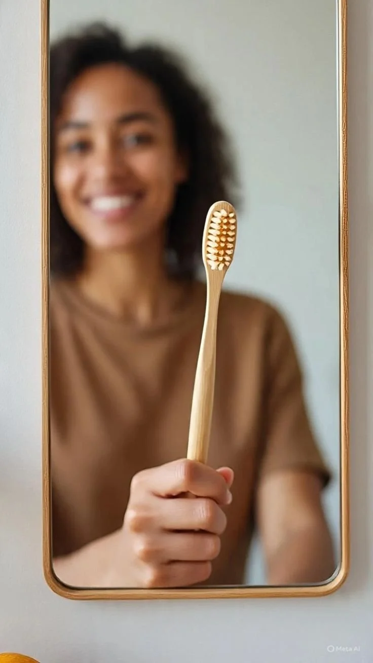 Donna che si vede attraverso uno schermo di telefono, che tiene in mano uno spazzolino di bambù e sorride.