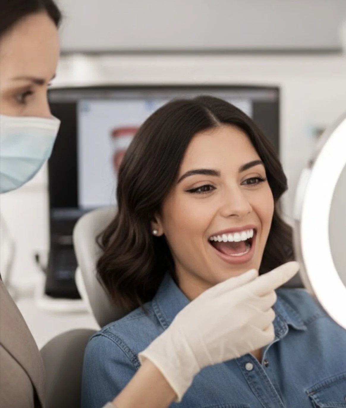 Una donna ride mentre si sottopone a un controllo dentistico, con un'assistente che indossa guanti e mascherina.
