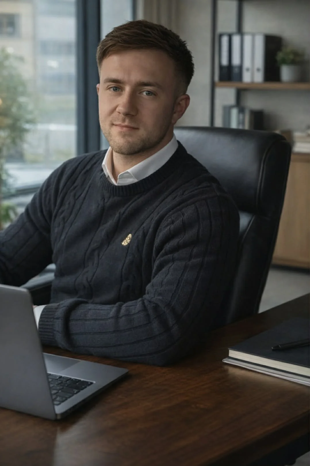 A young man in a black sweater and white shirt sitting at a wooden desk with a laptop and a notebook, in an office with shelves and a large window.
