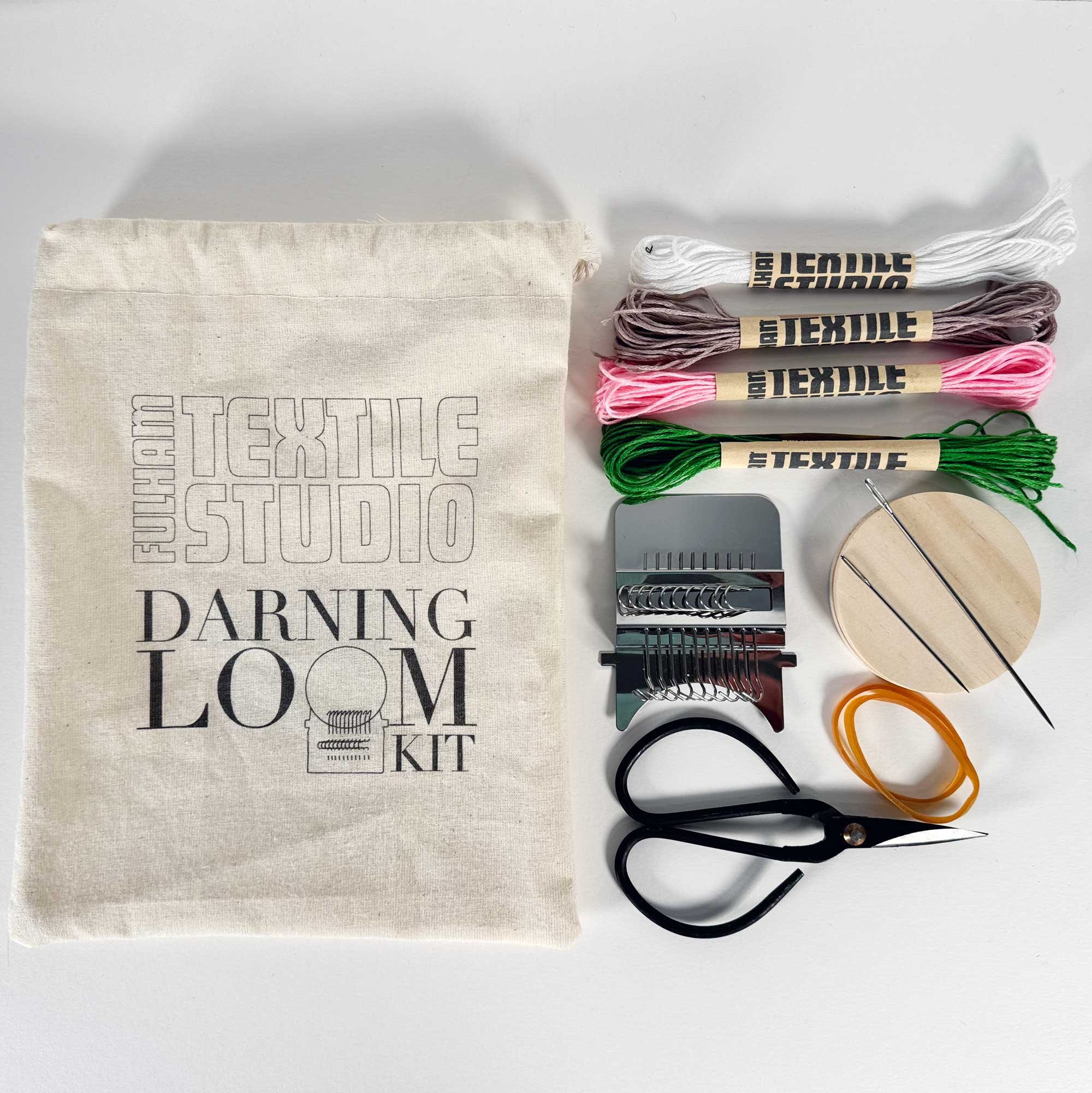 Speedweave Darning Loom Kit with Embroidery threads and Iron Scissors.