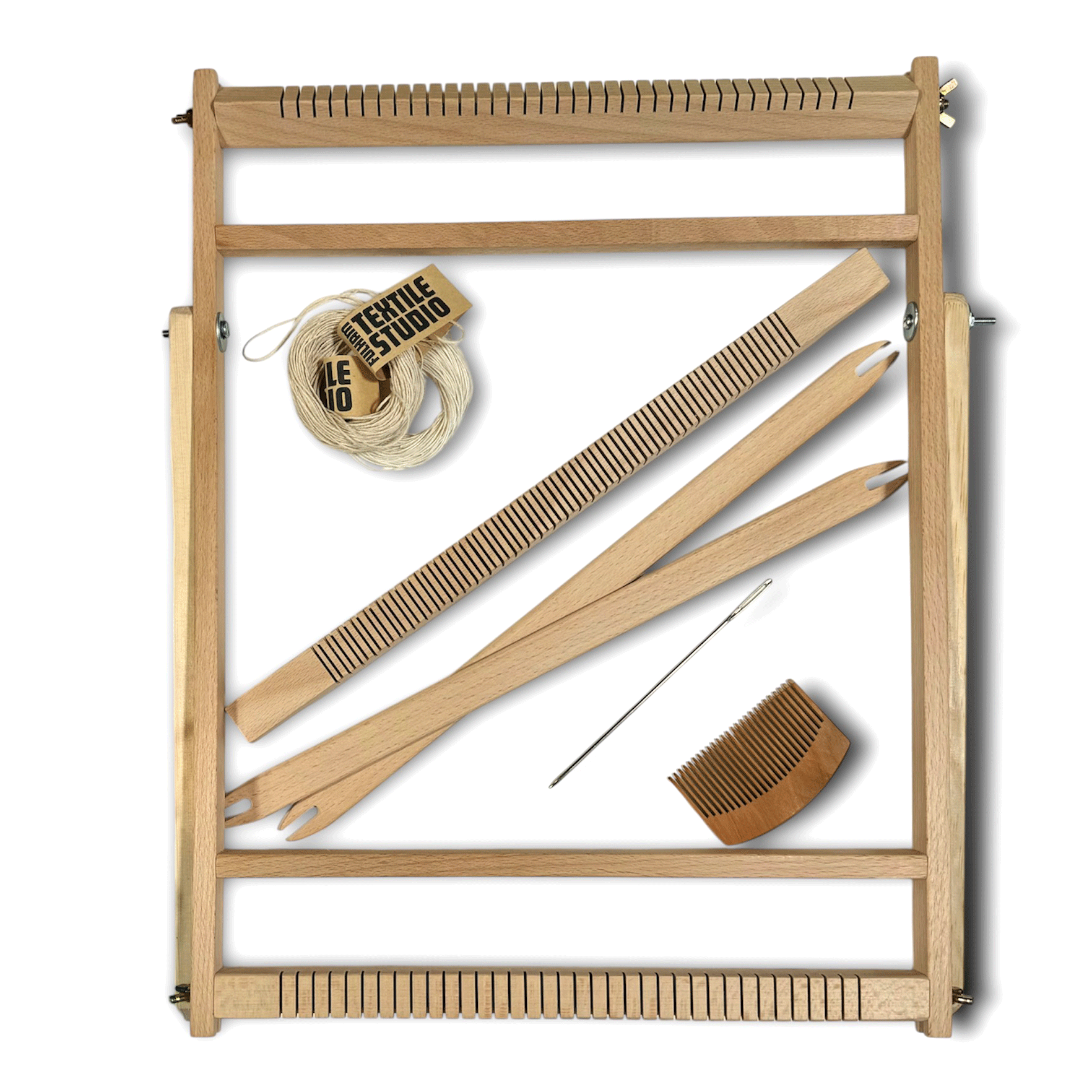 Frame Weaving Loom Kit with heddlebar, shuttlesticks, comb, tapestry needle and warp thread. Fulham, South West London.
