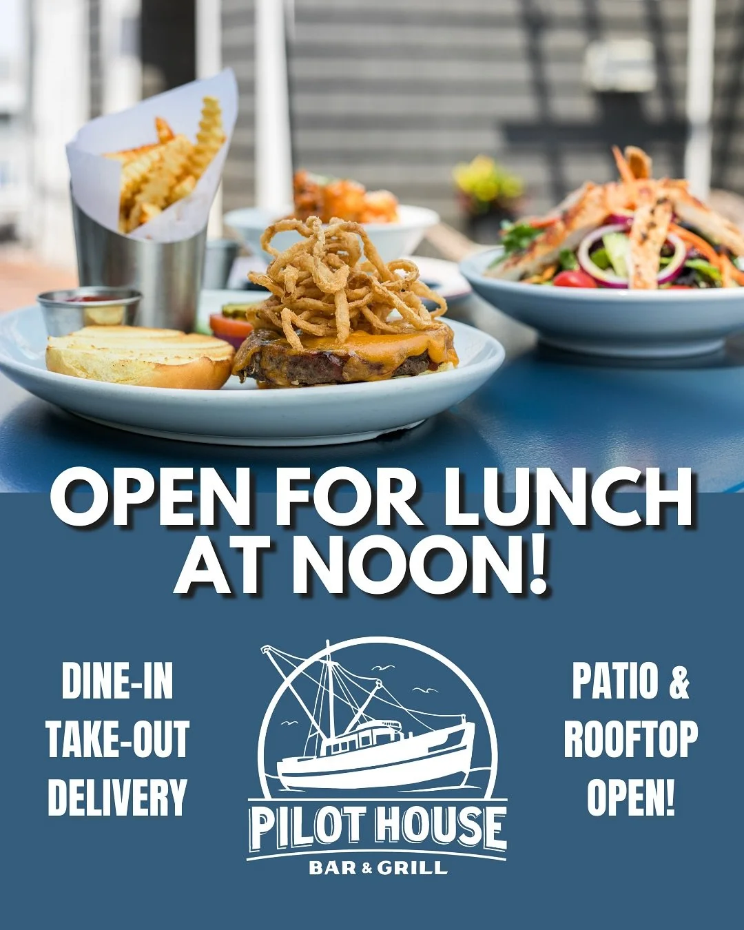 Pilot House Bar &amp; Grill
Open Year Round 🗓️
7 Days a Week 7️⃣
Lunch at Noon 🕛
🍔🥗🐟🍤🍟🌯