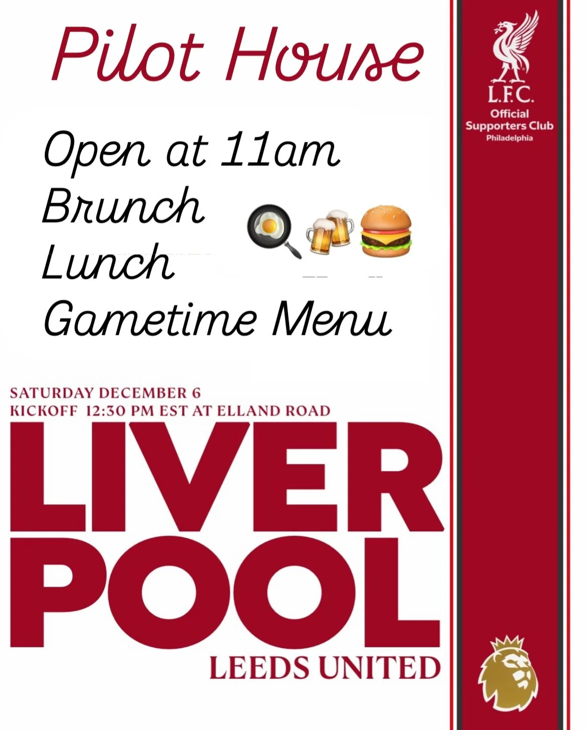 🎉 Full Day of Sports at Pilot House Bar &amp; Grill 🎉
⚽ Liverpool vs. Leeds &mdash; 12:30 PM Premier League action with two high-tempo sides.
🏒 Rangers Hockey &mdash; 12:30 PM Early puck drop &mdash; perfect way to start the day.
🏈 Alabama vs. Ge