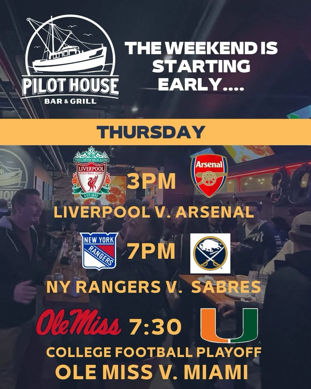 Big day of sports for a THURSDAY! 
⚽️🏒🏈
Don&rsquo;t miss a second of the action&hellip; 24 big screens! 
Treat today like the weekend already started! 
See you at Pilot House 🙌