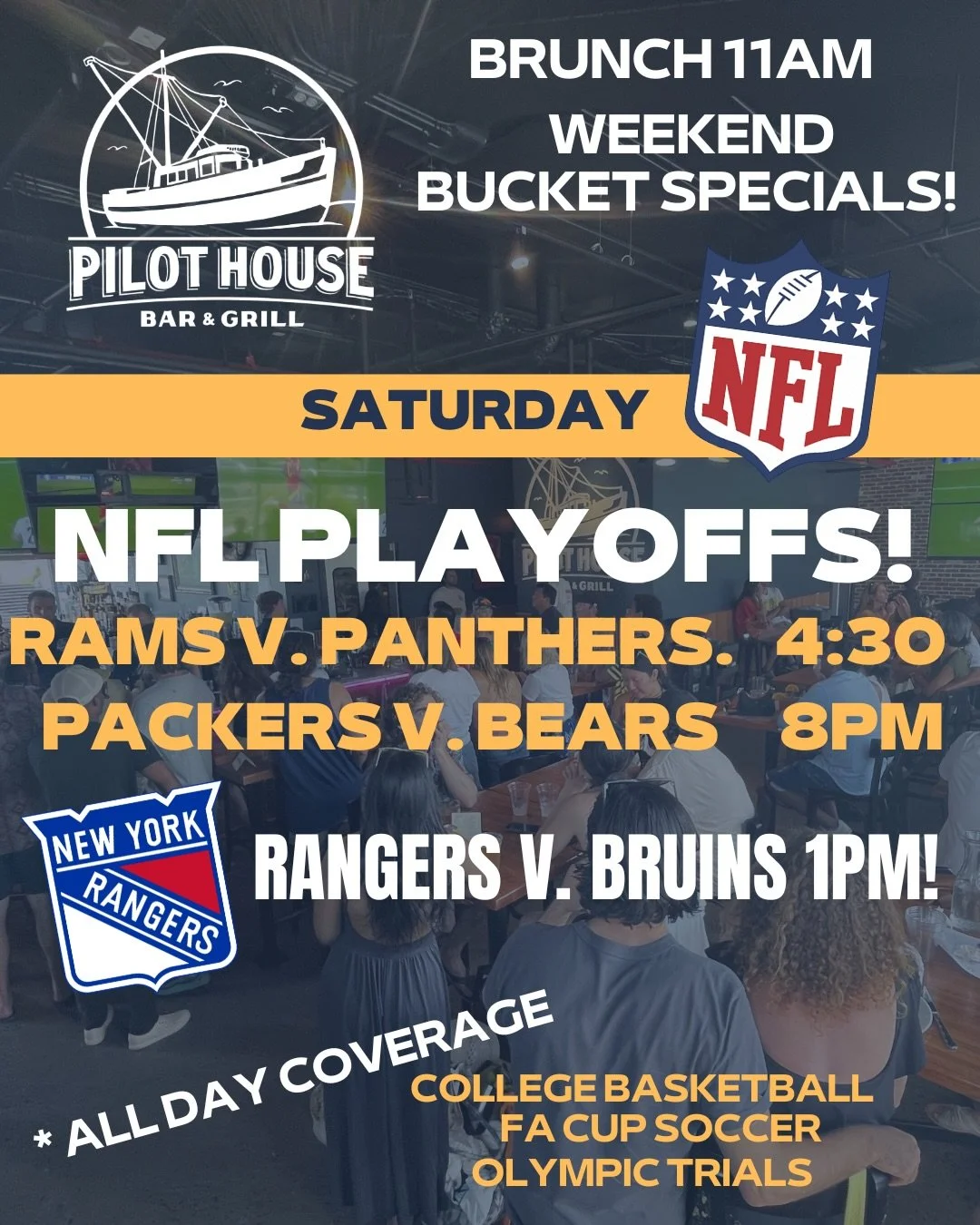 🏈🏒🏀 It&rsquo;s a HUGE sports weekend at Pilot House Bar &amp; Grill &ndash; Rockaway&rsquo;s Ultimate Sports Bar!
Wall-to-wall TVs. Non-stop action. This is where fans come to watch the games.
This weekend&rsquo;s lineup: 🔥 NFL Playoffs all weeke