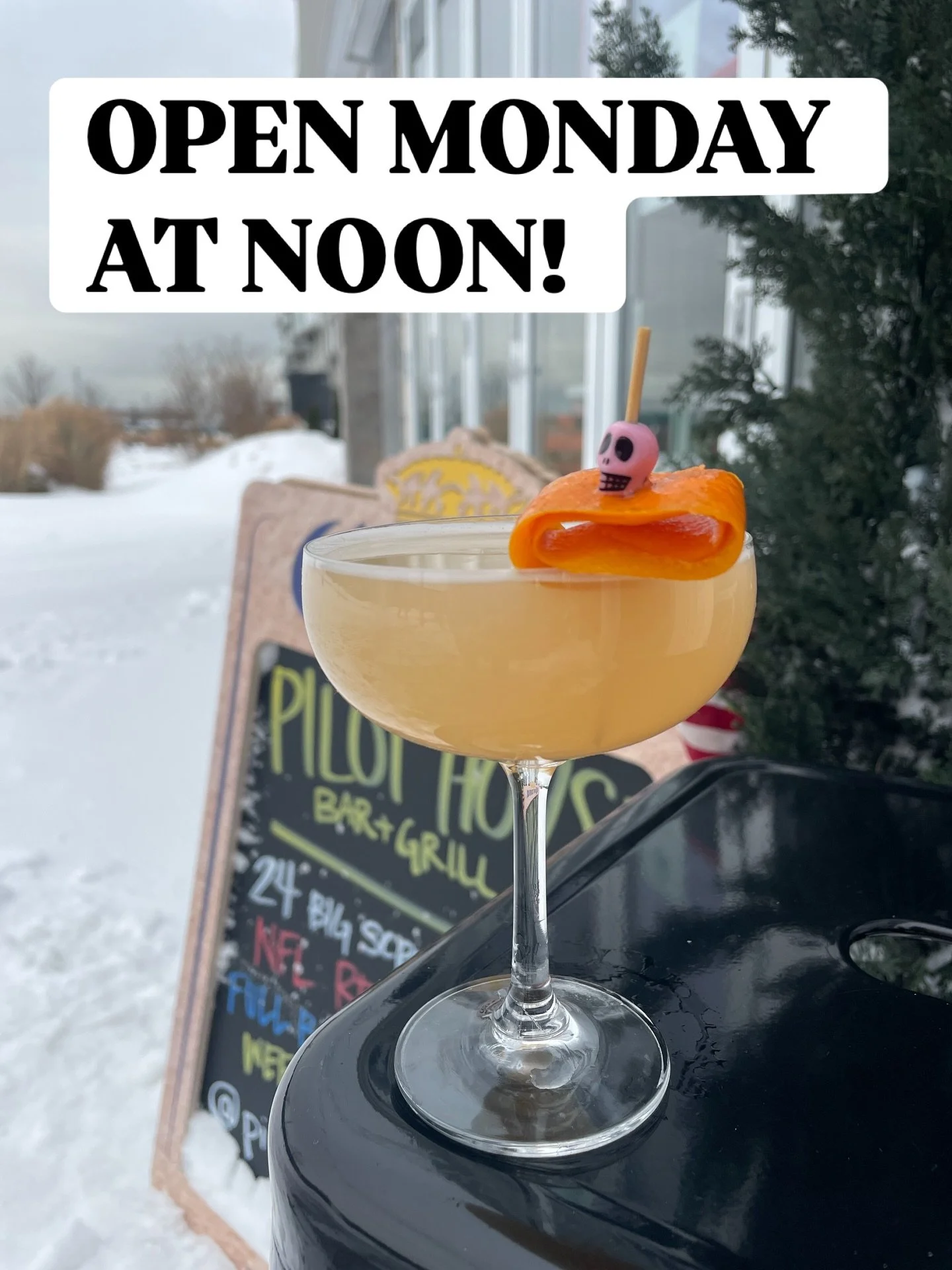 Pilot House open at NOON on MONDAY! 
&bull;
&bull;
Get rewarded for all your hardwork shoveling with a fancy cocktail from Amy @aimsly 💅
&bull;
$10 Fancy cocktails from 12-2pm 🍸
$5 off Flatbreads 12-4pm 🍕
&bull;
Shane and Meredith will be holding 