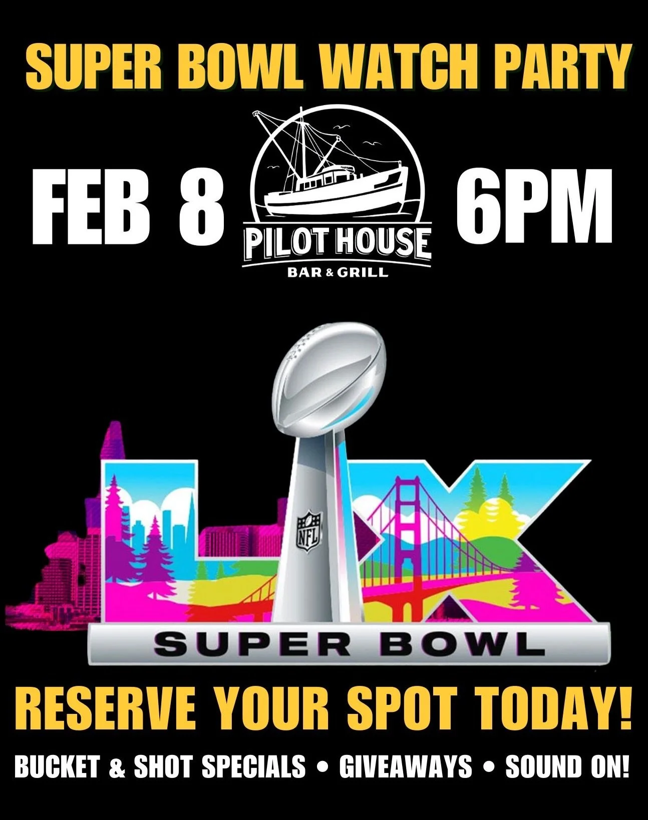SUPER BOWL SUNDAY = PILOT HOUSE 🏈🍻
The ultimate viewing experience is at Pilot House Bar &amp; Grill. Wall-to-wall TVs. Sound ON. Watch the game surrounded by true sports fans hoping for an all-time classic.
🕚 OPEN AT 11AM 🔥 Pre-Game Tailgate Spe