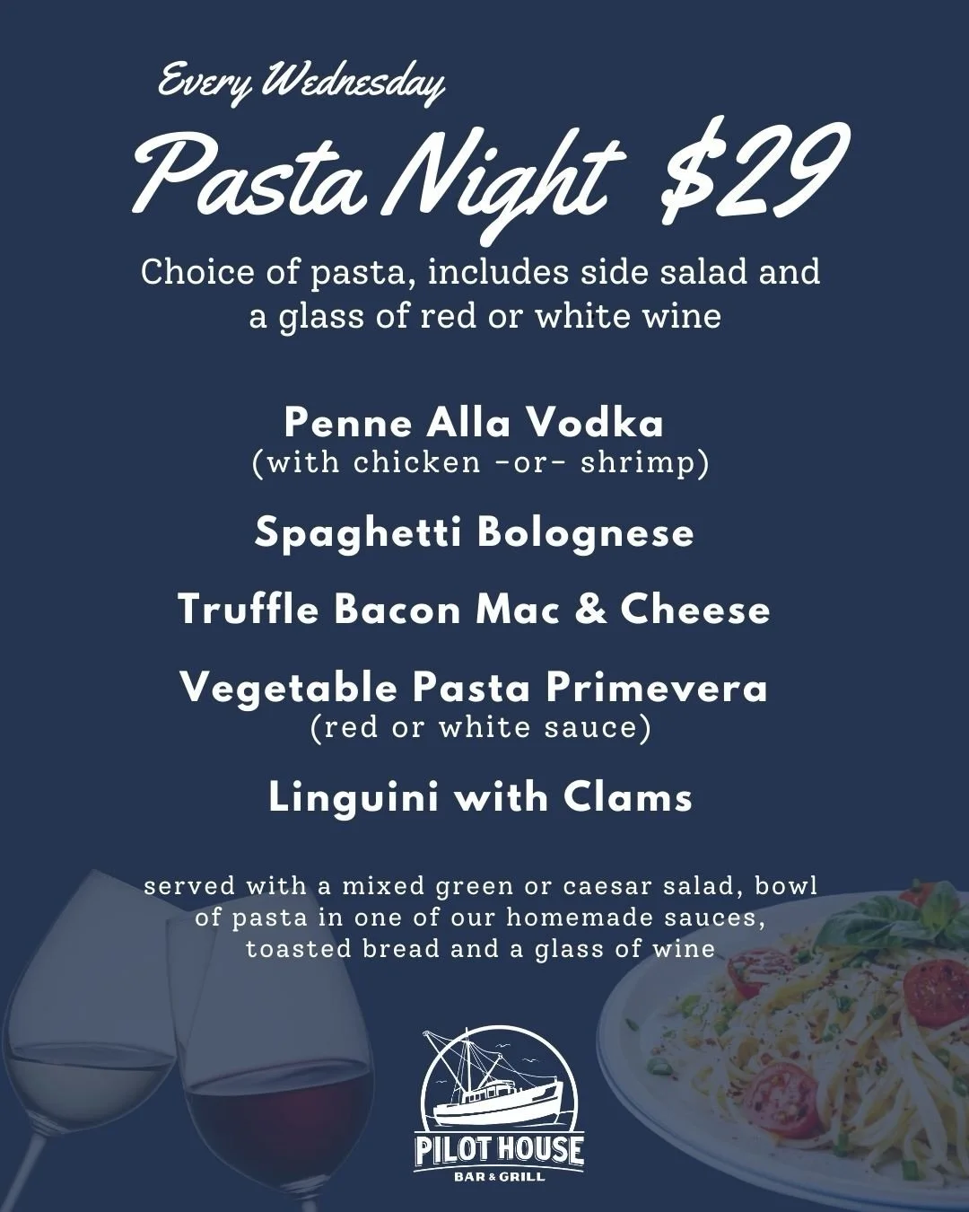 All this talk about Italy, Milano, and the Cortina Olympics has us craving pasta&hellip; so we&rsquo;re making it happen 🇮🇹🍝
Pasta Night at Pilothouse Bar &amp; Grill starts tonight (Wednesday) at 4PM!
Enjoy a bowl of pasta with your choice of one