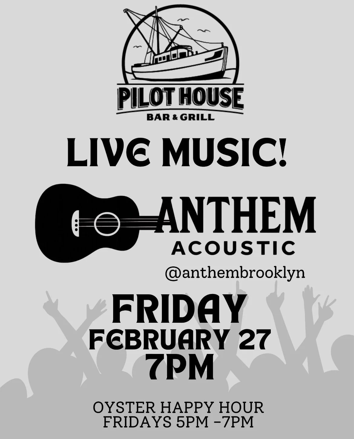 Finally FRIDAY!  We are ready for the weekend! Olympics might be over&hellip; but we have a ton of programming this weekend! 
&bull;
&bull;
Anthem Band kicks it off on Friday at 7pm! 🎸 
Come early for OYSTER HAPPY HOUR at 5pm 🦪
&bull;
Open at 11am 