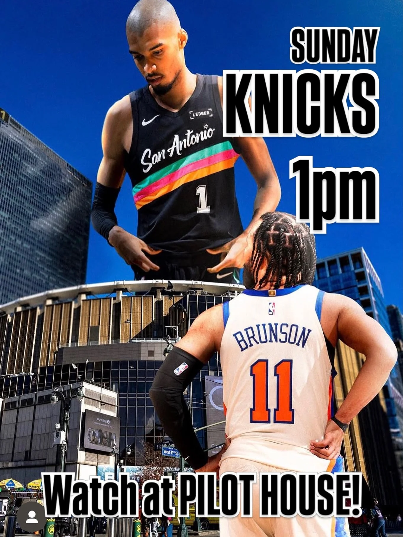 Come watch the New York Knicks today at 1PM 🏀🔥
Sunday Funday is in full swing! 🍻
✨ Bucket specials
🥂 Brunch &amp; Lunch starting at 11AM
🍔 Gametime snacks all day
Catch all the action with us at Pilot House &mdash; see you there! 🙌