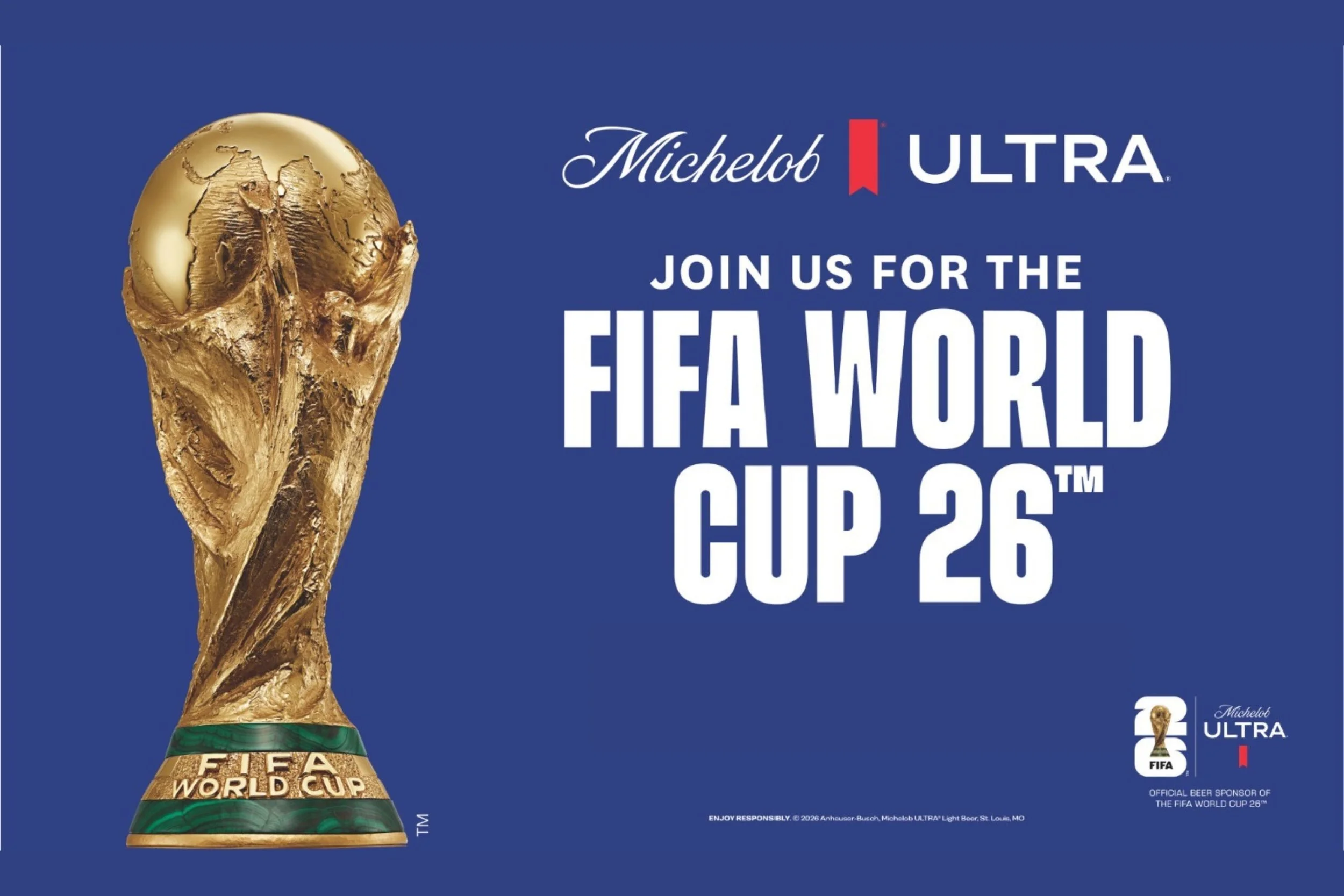 Advertisement for the FIFA World Cup 26 featuring a gold trophy and text inviting viewers to join the event, with official sponsorship and branding details.