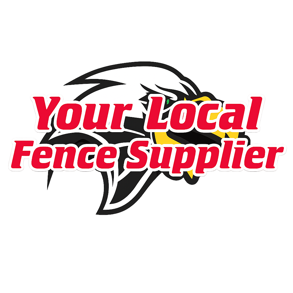 Logo of a fencing supplier featuring a stylized bird head and the text "Your Local Fence Supplier" in red with a white outline.