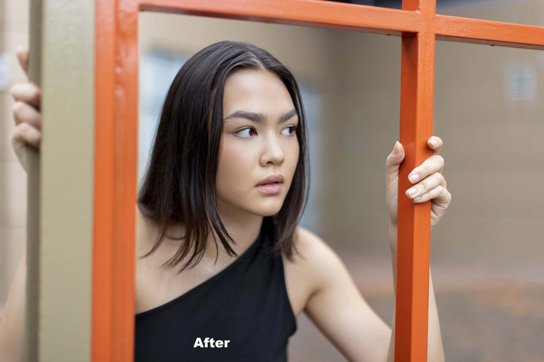 A woman with shoulder-length dark hair, wearing a black sleeveless top, looks thoughtfully through orange and beige window bars with a neutral background. The word 'After' is in the lower left corner.
