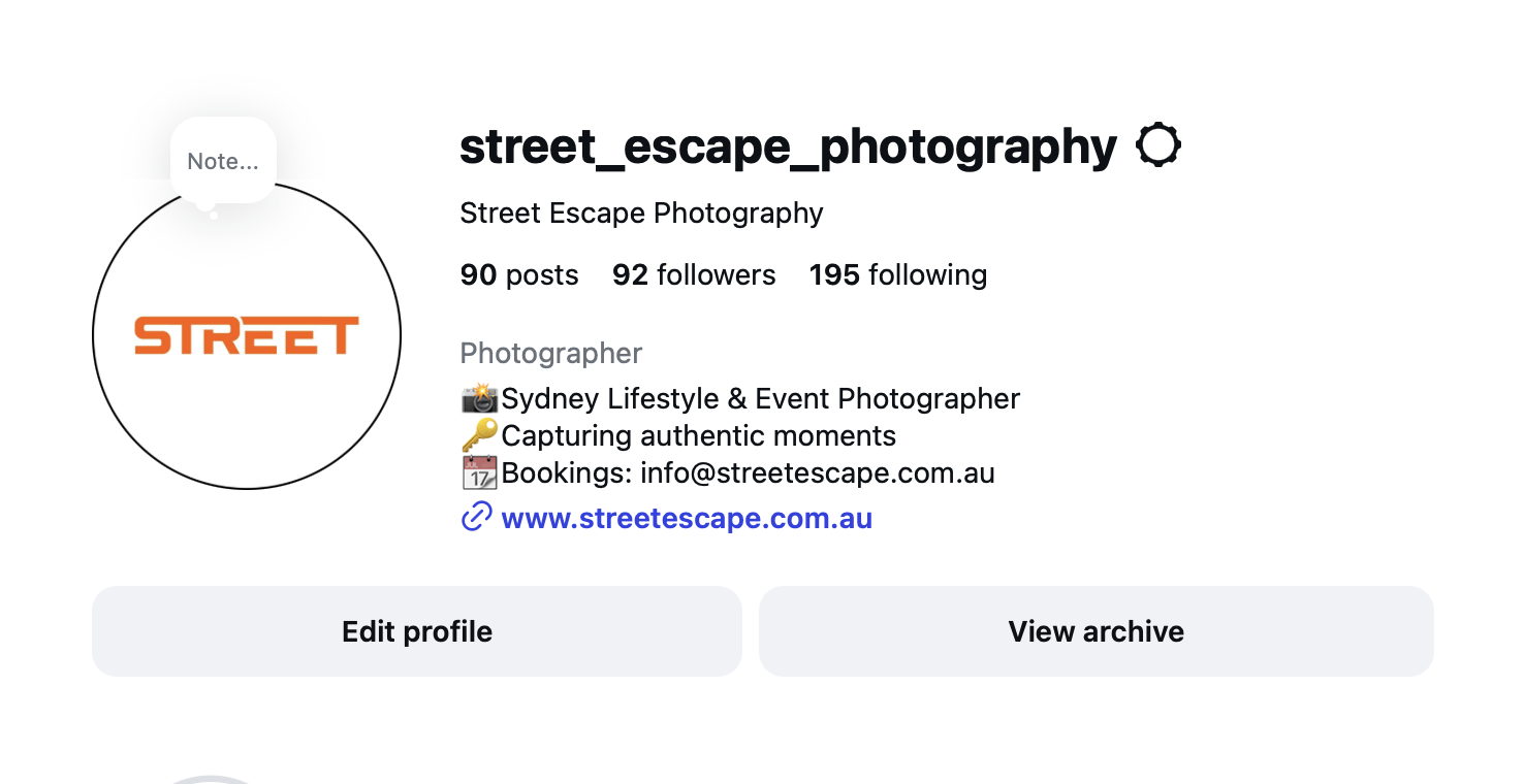 Screenshot of a social media profile page for street_escape_photography, showcasing the profile picture with the word 'STREET' in bold orange letters, along with the profile's name, description, and contact information.