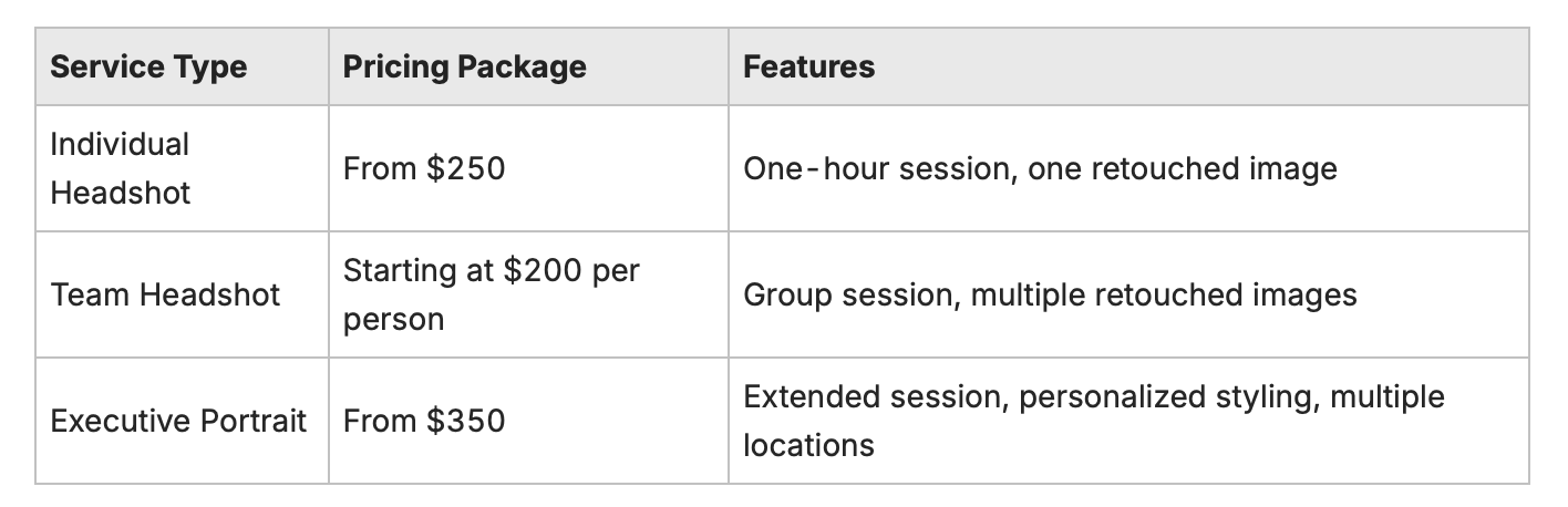 Headshot Pricing Table