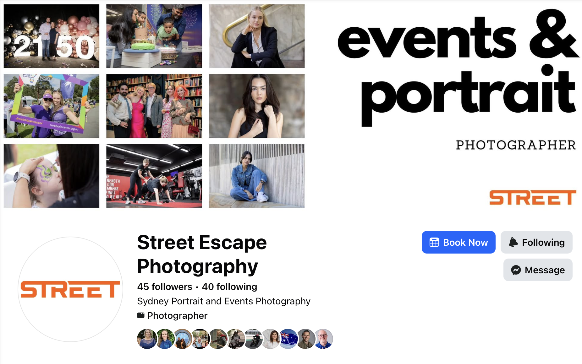 A collage of photos showcasing various events and portraits, including candles and balloons, a birthday celebration with a cake, a group of people at a festival, a woman with face paint, children playing and painting, a woman in casual attire, and a young woman sitting outdoors. The text includes the words 'events & portrait,' 'Photographer,' and 'Street.'