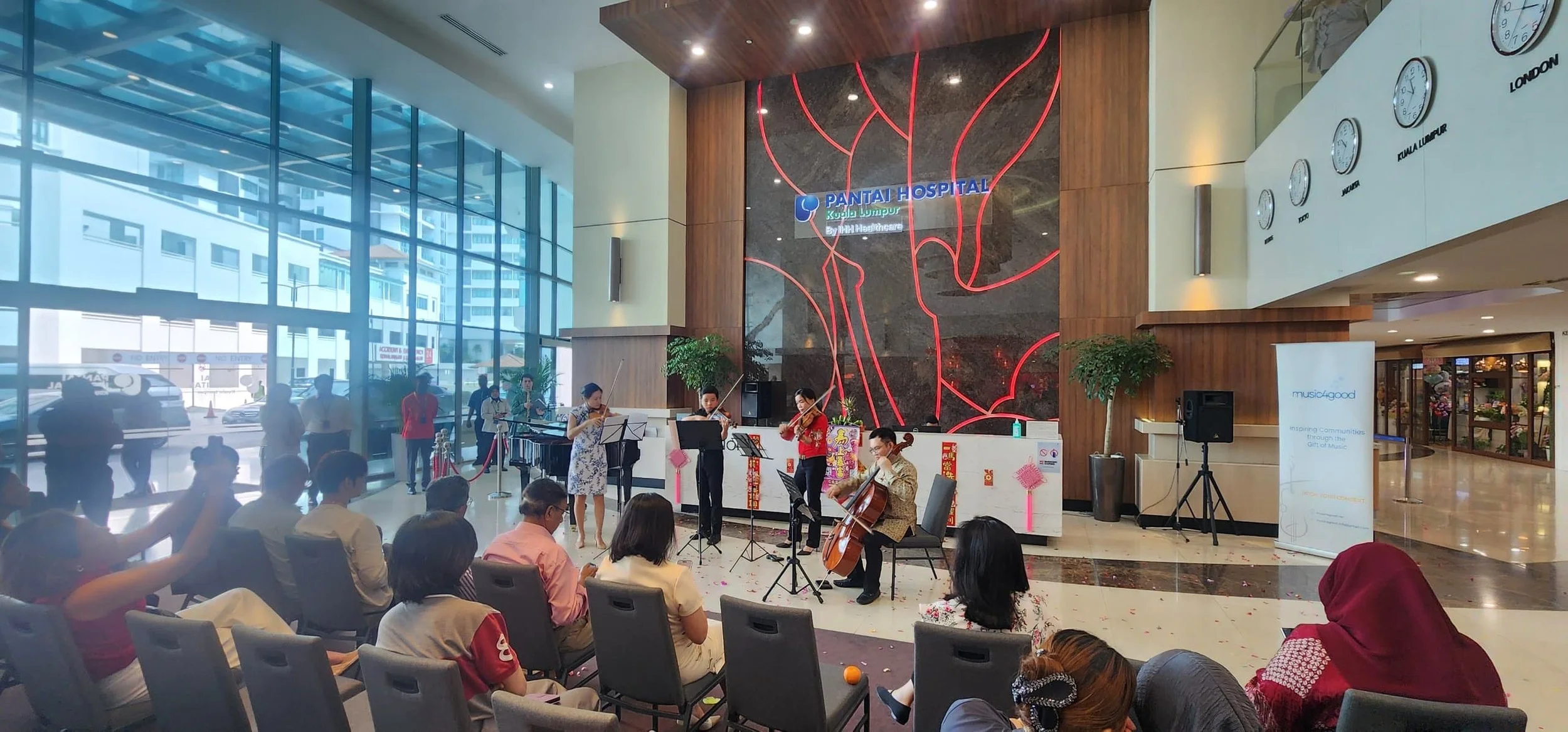 [Performers from Music4Good bring live music to the main lobby of Pantai Hospital Kuala Lumpur during the Lunar New Year celebration. The performance highlights the broader role music can play in community engagement. Newswire by Music Press Asia]