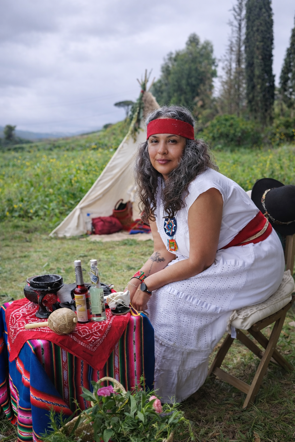 Woman dressed in traditional indigenous clothing sitting at a table outdoors with a tipi tent in the background, surrounded by green fields and trees.
