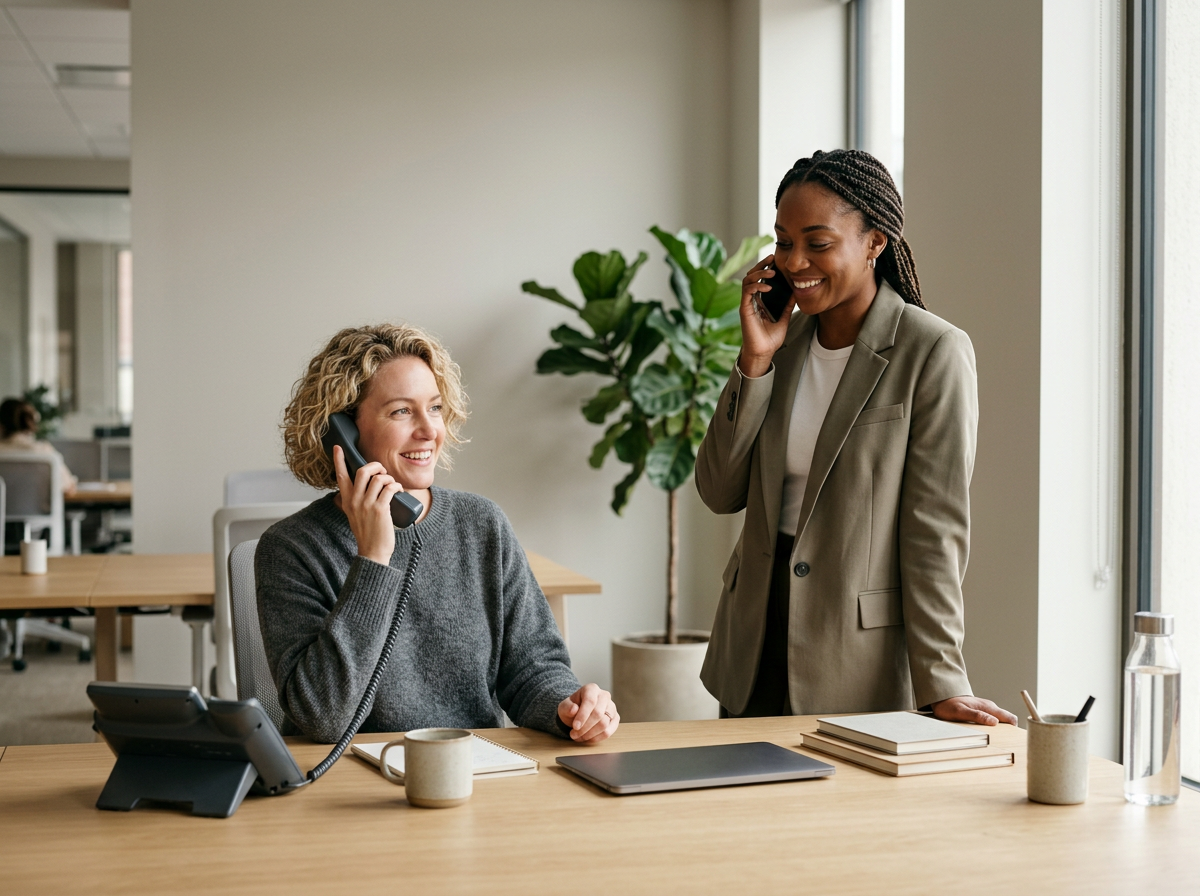 Two women talking on phones in an office with a large window and a potted plant.