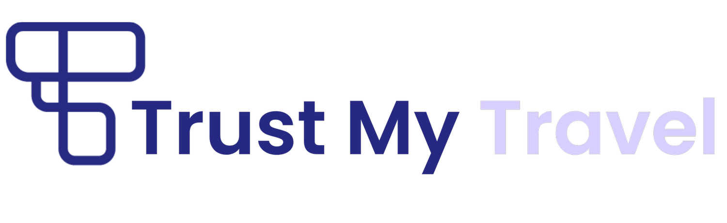 The logo features a dark blue stylized airplane icon followed by the words 'Trust My Travel' in dark blue and light purple text with a shadow effect.