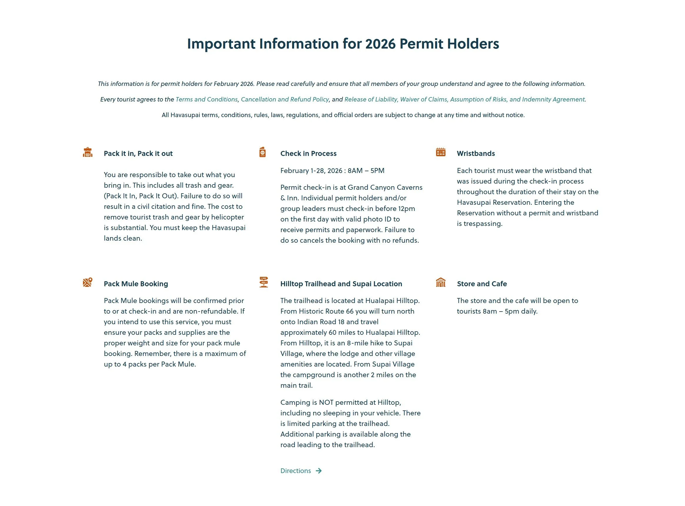 Important information for Havasupai 2026 permit holders, including check-in process, wristband policy, trailhead location, pack mule booking, campground regulations, and visitor amenities.