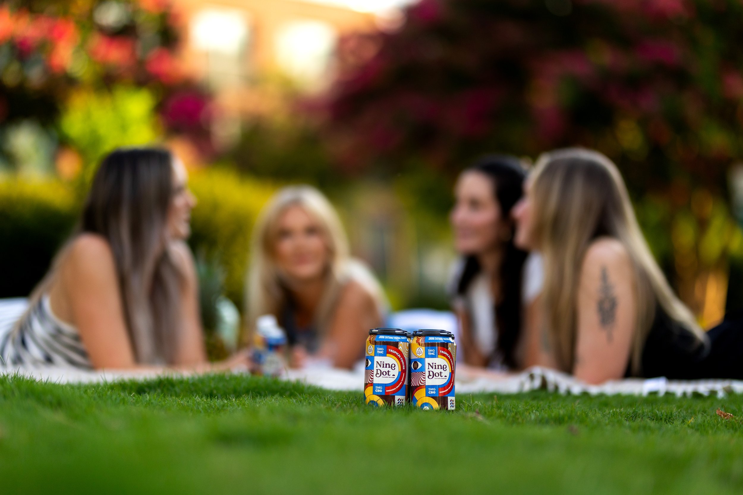 A 4 pack of Ninedot Cannabis Beverages at a picnic in front of a group of girls enjoying the product