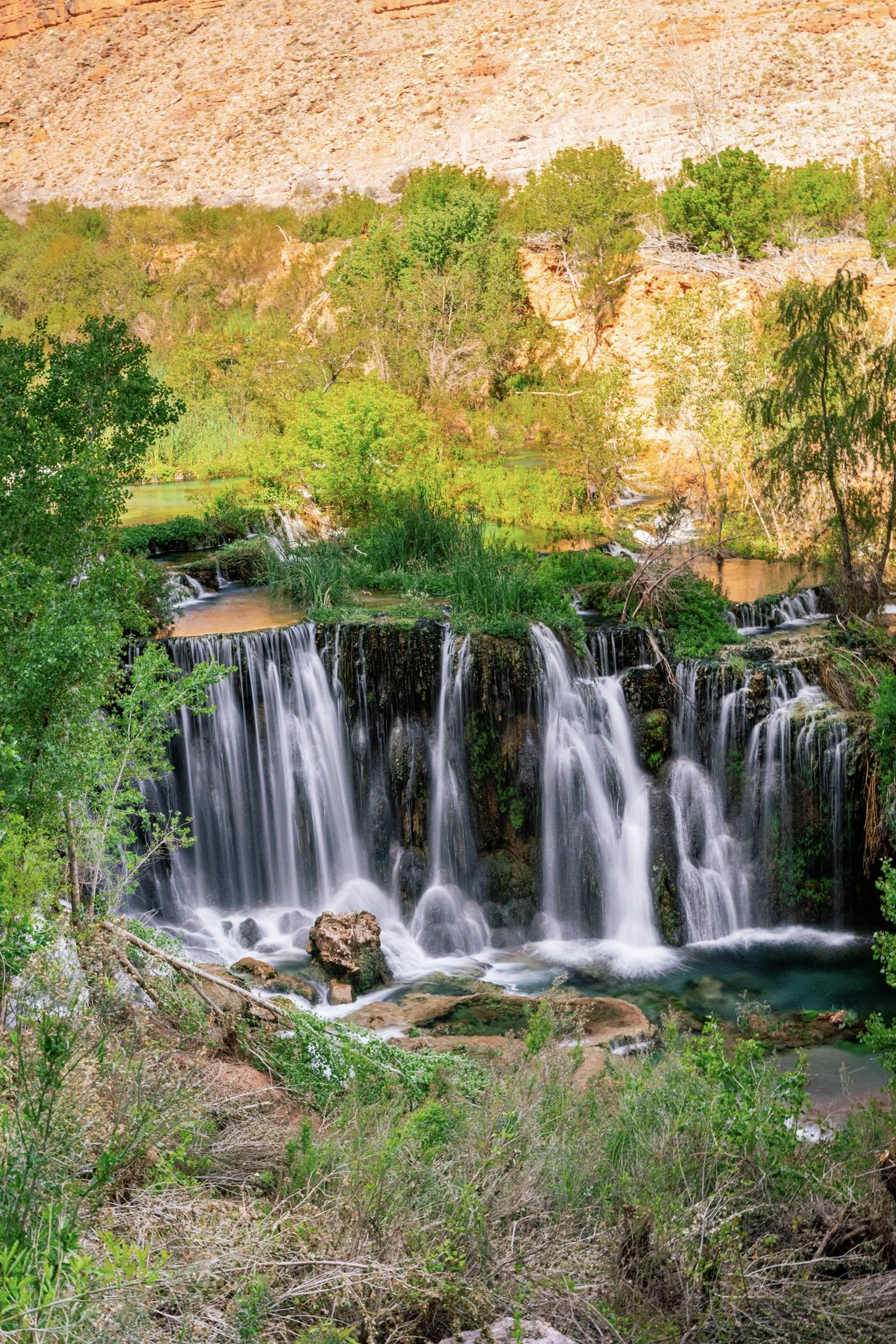 Fifty Foot Falls in Havasupai features a wide, lush waterfall with vegetation growing over the falls and bright green desert foliage surrounding it.