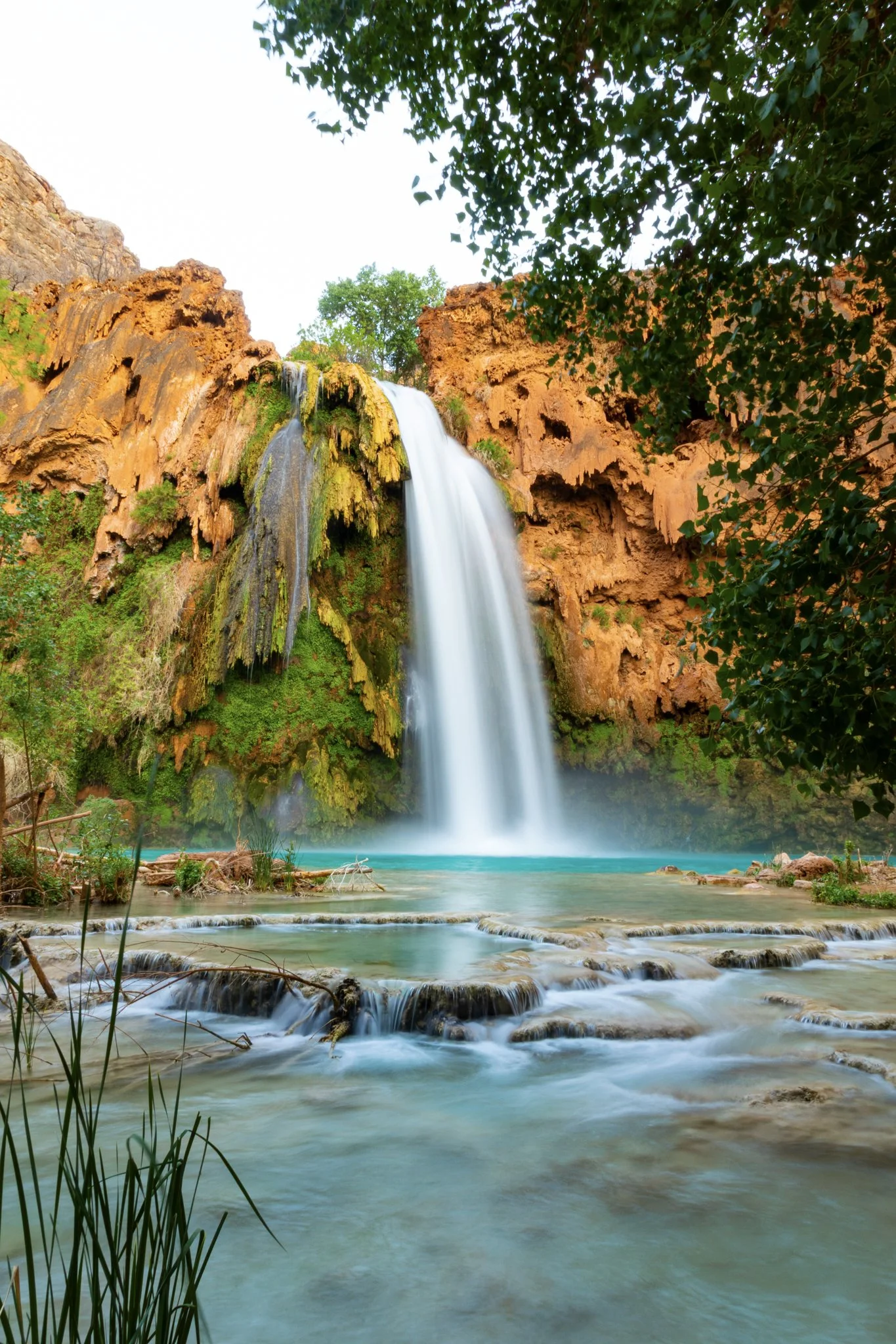 Vertical image of Havasu Falls cascading into a turquoise blue pool, framed by lush green foliage and red canyon walls in Havasupai, Arizona.