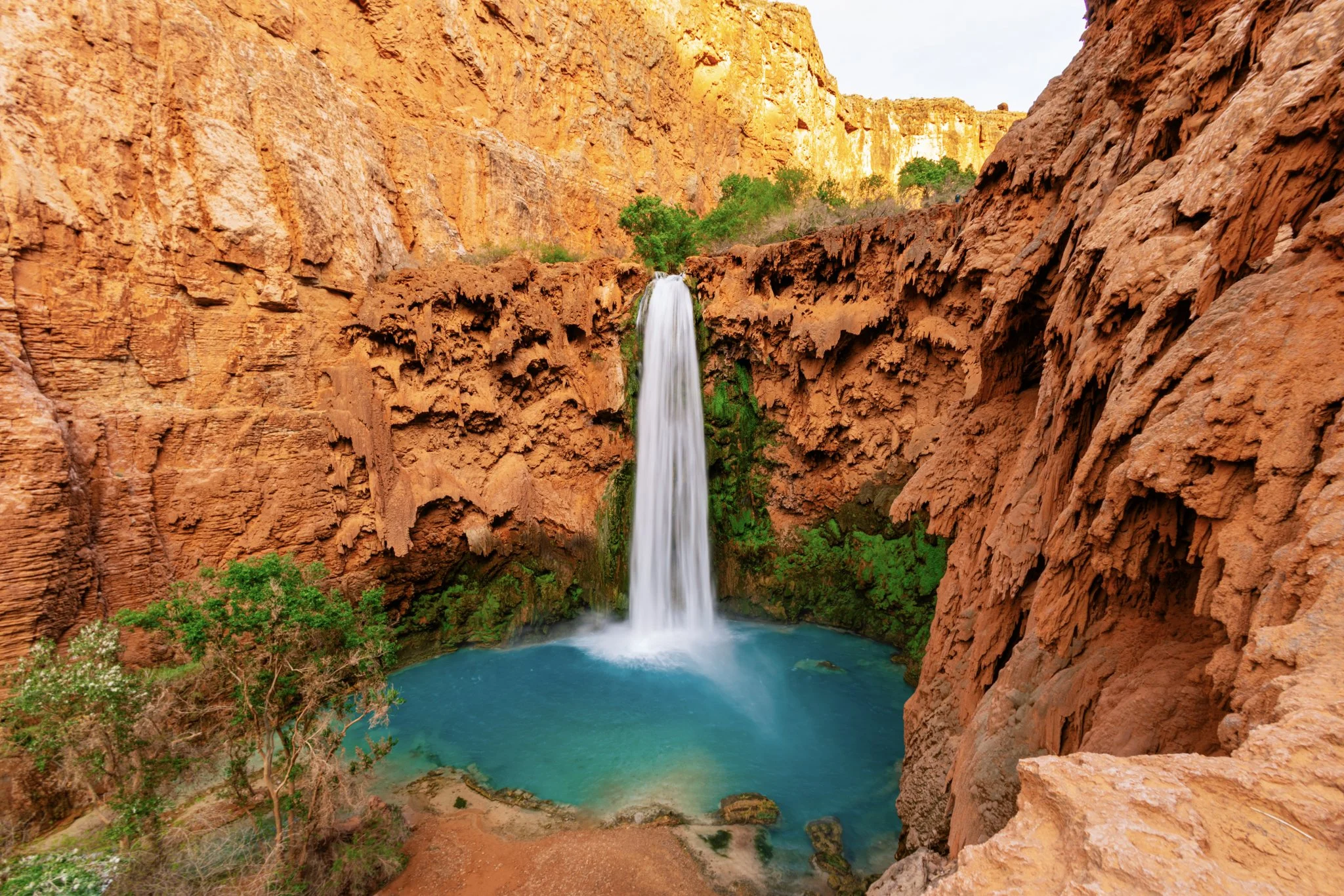 Stunning overhead view of Mooney Falls cascading into a turquoise pool, surrounded by vivid red canyon walls and desert greenery