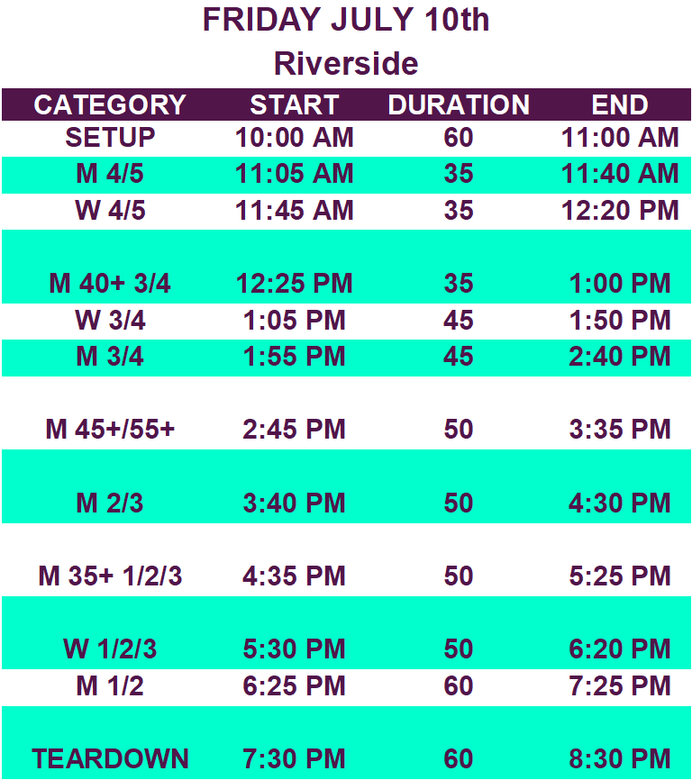 Schedule for Friday, July 10th at Riverside; includes various classes with start times, durations, and end times, with some highlighted in turquoise, and a teardown at 7:30 PM.