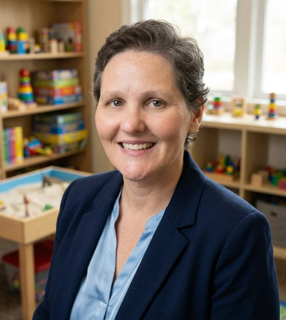 A woman with short, wavy gray hair and a friendly smile, dressed in a navy blazer and light blue shirt, standing in a classroom filled with colorful toys and shelves in the background.