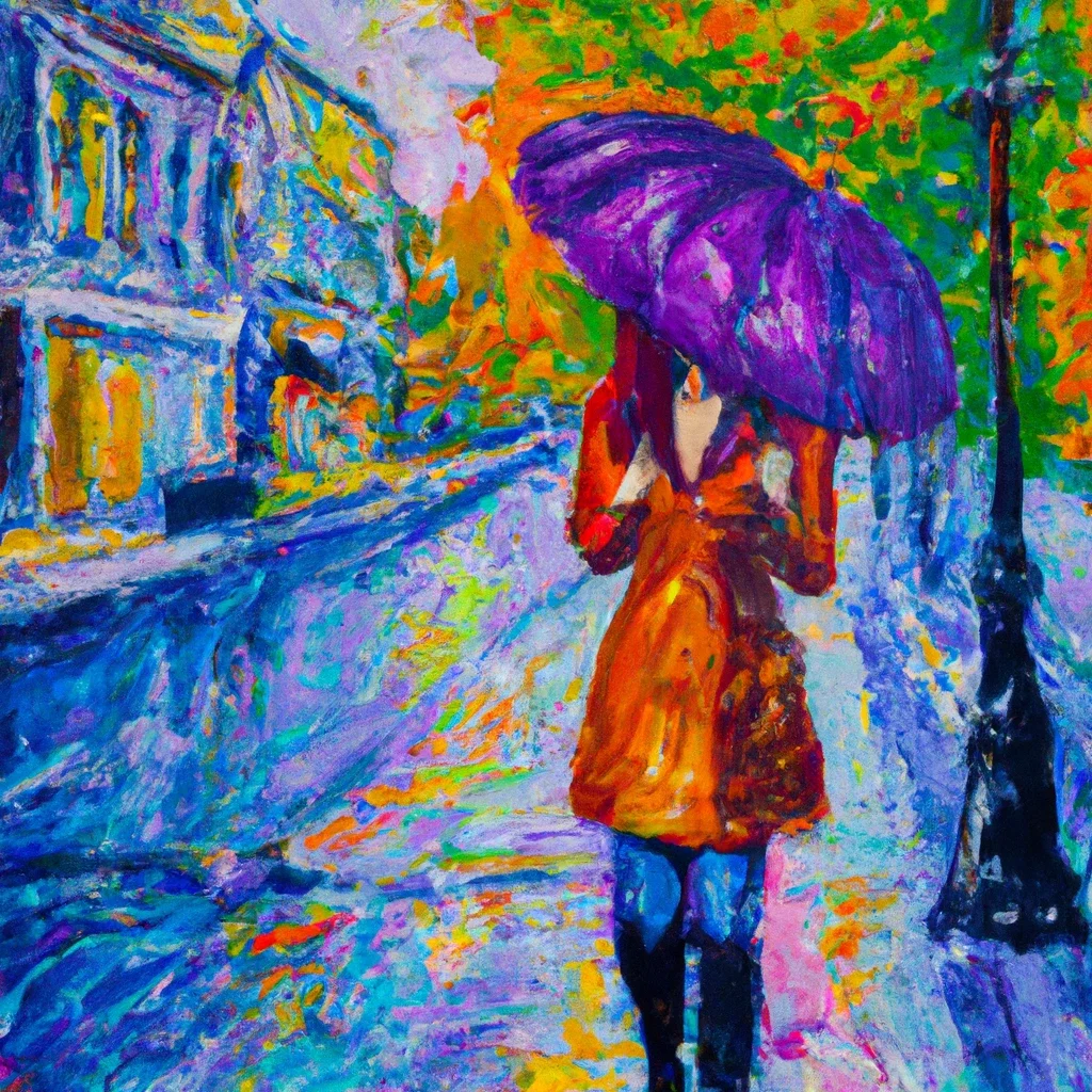 An impressionist painting of a woman walking on a rainy street holding a purple umbrella. She is wearing an orange dress and dark boots. The background features colorful buildings and a vibrant, leafy green tree.